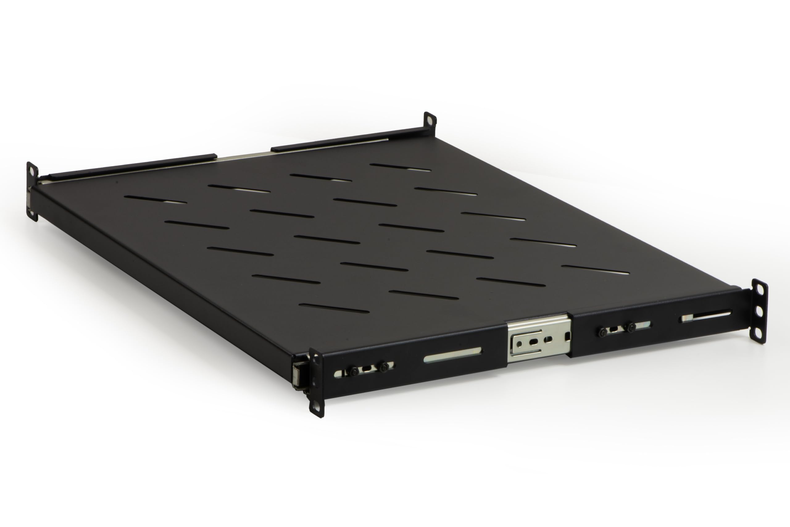 Link LKRIP350EN - Mensola Estraibile per Armadio Rack 19 Pollici Universale (48x35x4,5 cm, Nero RAL9005) – Acciaio Traforato per Ventilazione – Portata 40 kg e Kit Montaggio Incluso