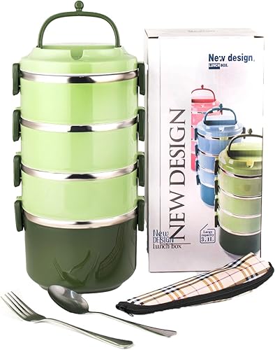 SANQIAHOME Lonchera apilable de acero inoxidable de 4 niveles sellada (verde, 4 capas) con cuchara y tenedor
