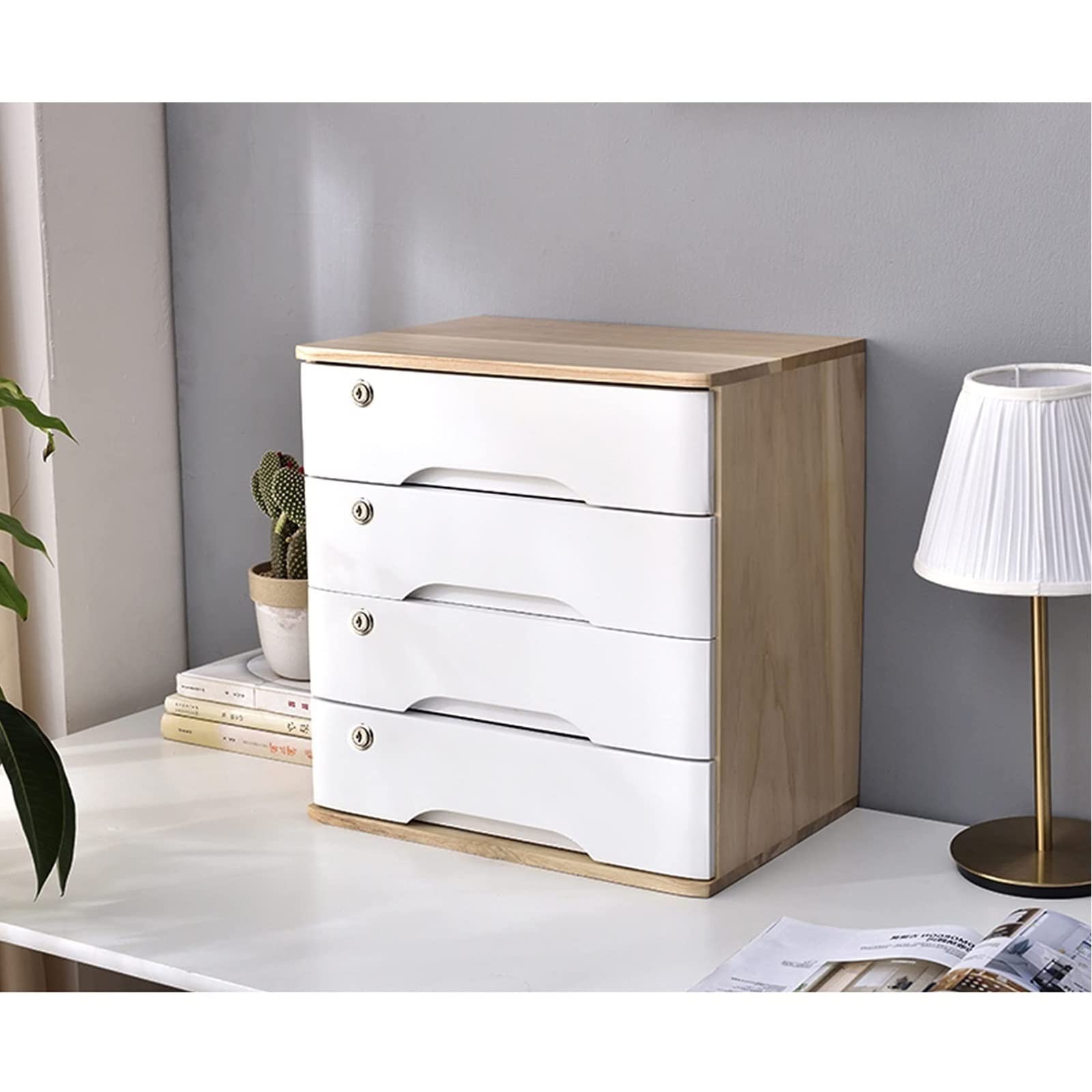 Organizadores de escritorio de madera maciza: caja de almacenamiento de escritorio de madera con cajones con cerradura, suministros de oficina A4/organizador de archivos de recibos, archivador plano (