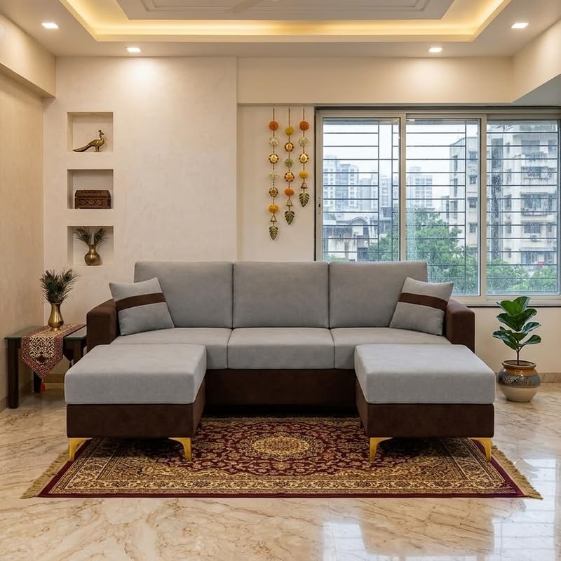 Image of Strike Dual Tone Plush 5 Seater L Shape Sofa Set with 2 Movable Ottomans | Flexible Layout | Silken Velvet Suede| Golden Metal Legs| for Living Room & Office Spaces (Dark Brown & Dark Grey)