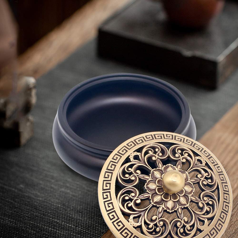 Bruciatore Di Incenso Vintage In Ottone E Ceramica - Forma Di Loto Con Manico, Porta Incenso Per Meditazione, Yoga E Decorazione Tavolo, 11,5x6,5x5 Cm