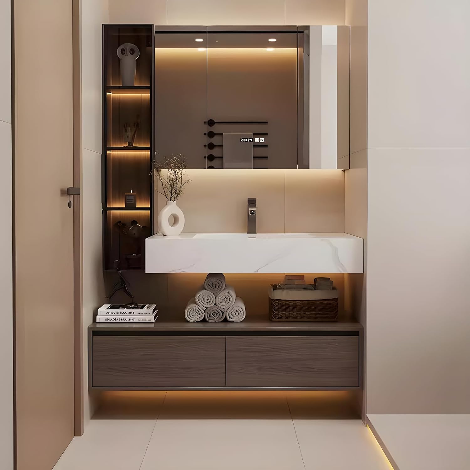Bathroom Vanity, Floating Bathroom Sink Vanity, Modern Bathroom Vanities with Smart Defogging LED Mirror & Glass Side Cabinet, Wall Mounted Vanities for Restroom, Solid Wood (72in)