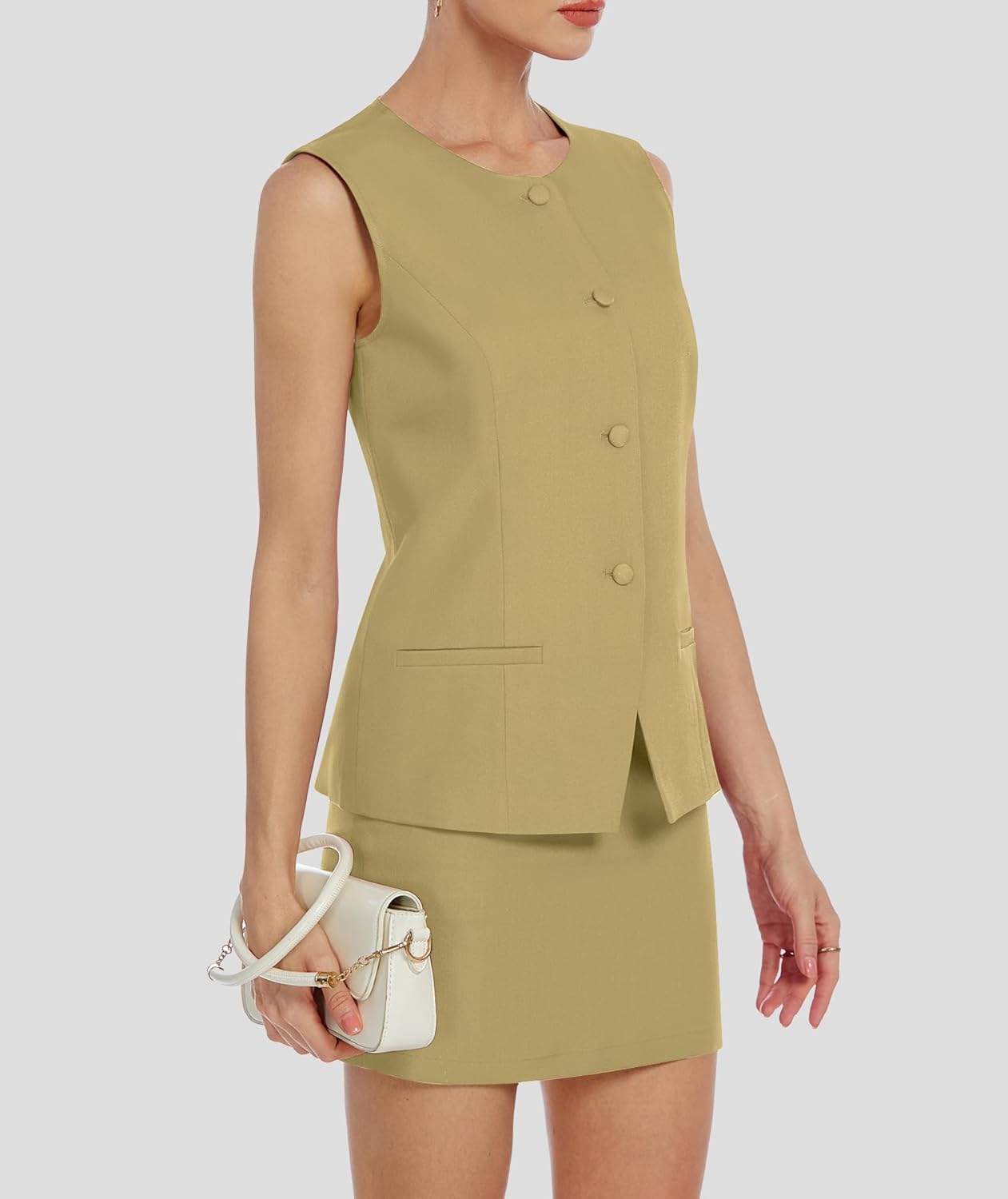 Casly Lamiit Womens Two Piece Blazer Outfits Summer Skirt Set Button Down Vest Short Skort Crew Neck Business Casual Suit - Image 3