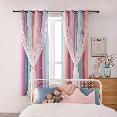 Miniatura 4 de FANLI Ombre Rainbow Blackout Curtains for Kid Girls Bedroom Living Room Darking Stripe Double Layer Star Cut Out Wall Home Decor Gradient Grommet
