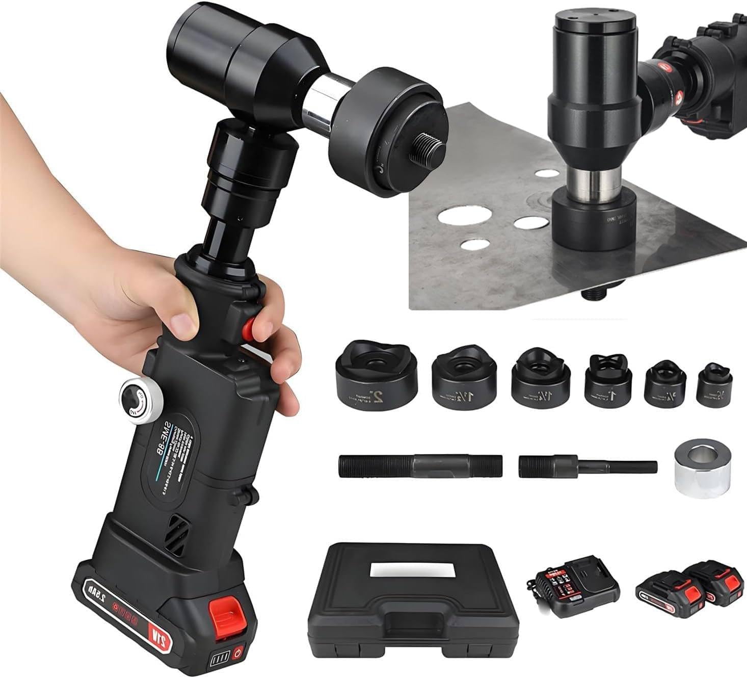 BOOZXCV 22mm Stroke Hydraulic Punch Tool, Automatic Pressure Relief with 6 Dies (Φ22-60mm) & 21V 2x2500mAh Battery, Cordless Metal Hole Punch for Q235 Steel