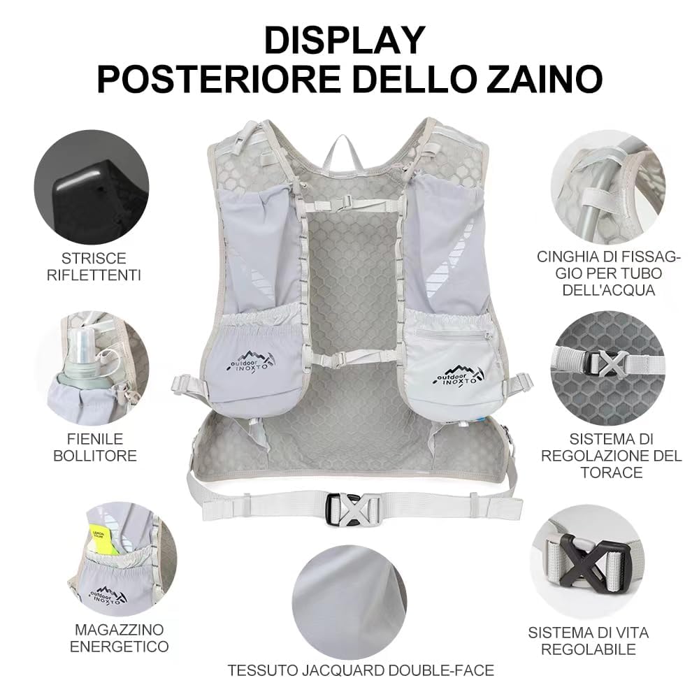 INOXTO Zaino da Corsa 5L - Leggero Zaino Idratazione con Strisce Riflettenti,Rete Traspirante per Outdoor, Maratona, Ciclismo, Alpinismo, Uomoe Donna