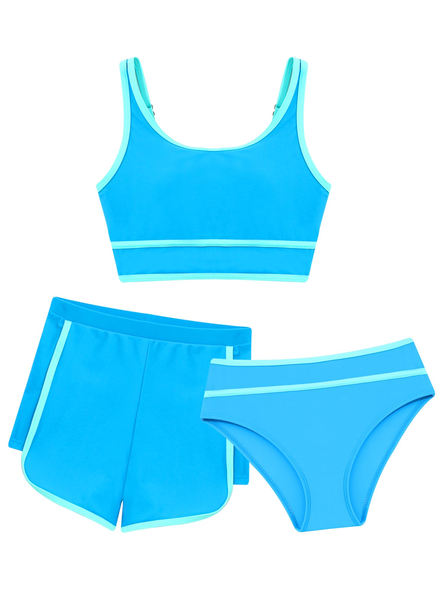 IEFIEL Conjunto de Bikini Verano para Niñas Traje de Baño de Tres Piezas con Crop Top de Tirante y Braga y Pantalones Cortos de Deportivos Ropa de Playa 5-16 Años