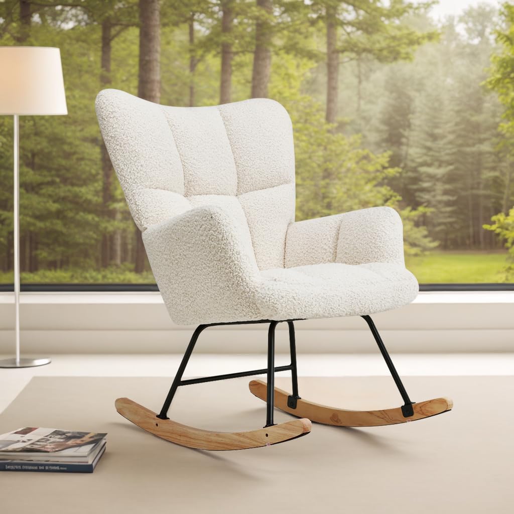 Schaukelstuhl mit weichem Lammfellimitat Beiger Relaxstuhl im Skandi-Stil gepolstert & ergonomisch ideal fürs Wohnzimmer Schlafzimmer