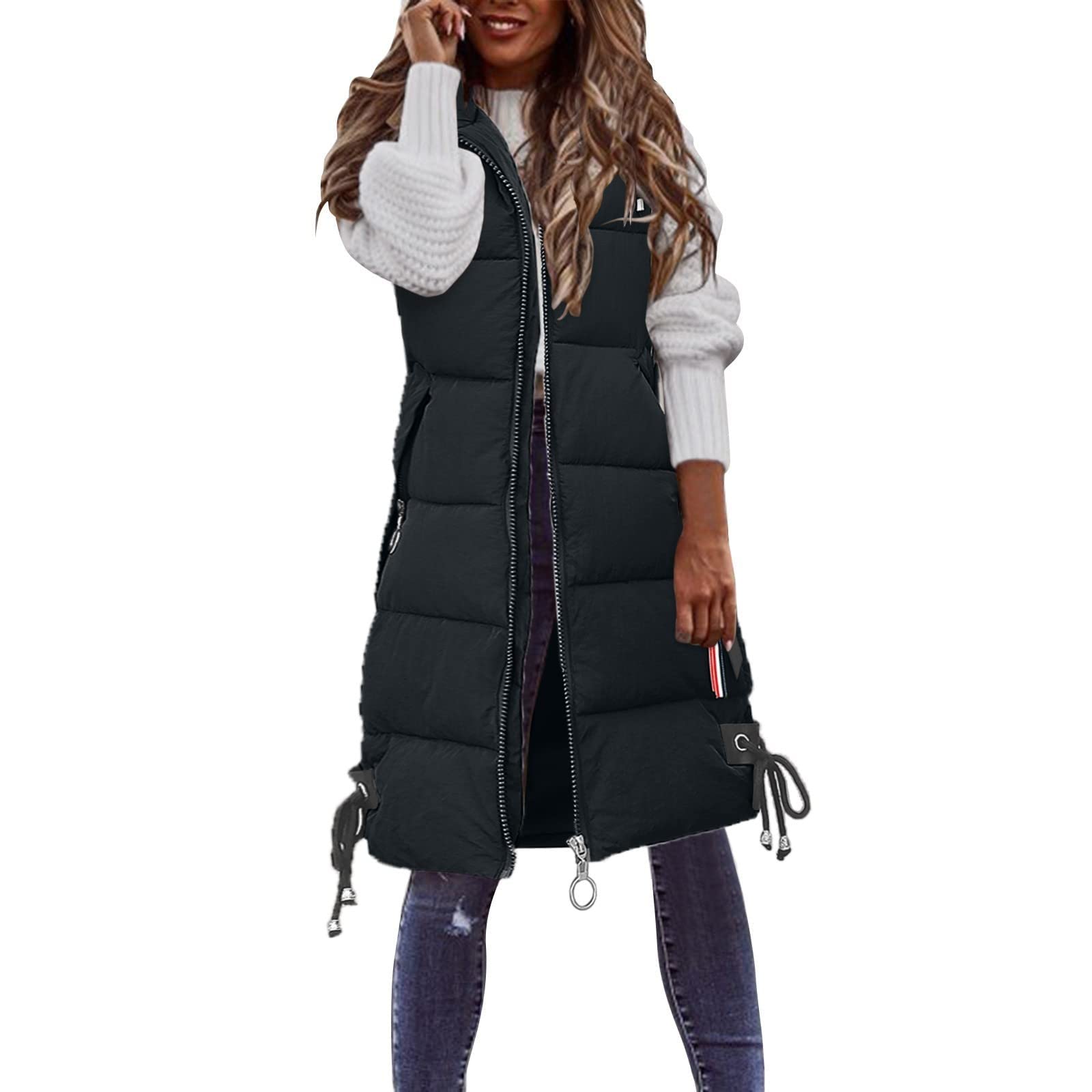 Steppweste Damen Lang Mit Kapuze Rollkragen Puffer Weste Zipper Casual Lange Steppweste Frauen Dicke Daunenweste Ärmellos Winterjacke Warm Gesteppt Übergangsweste Mit Taschen Longweste