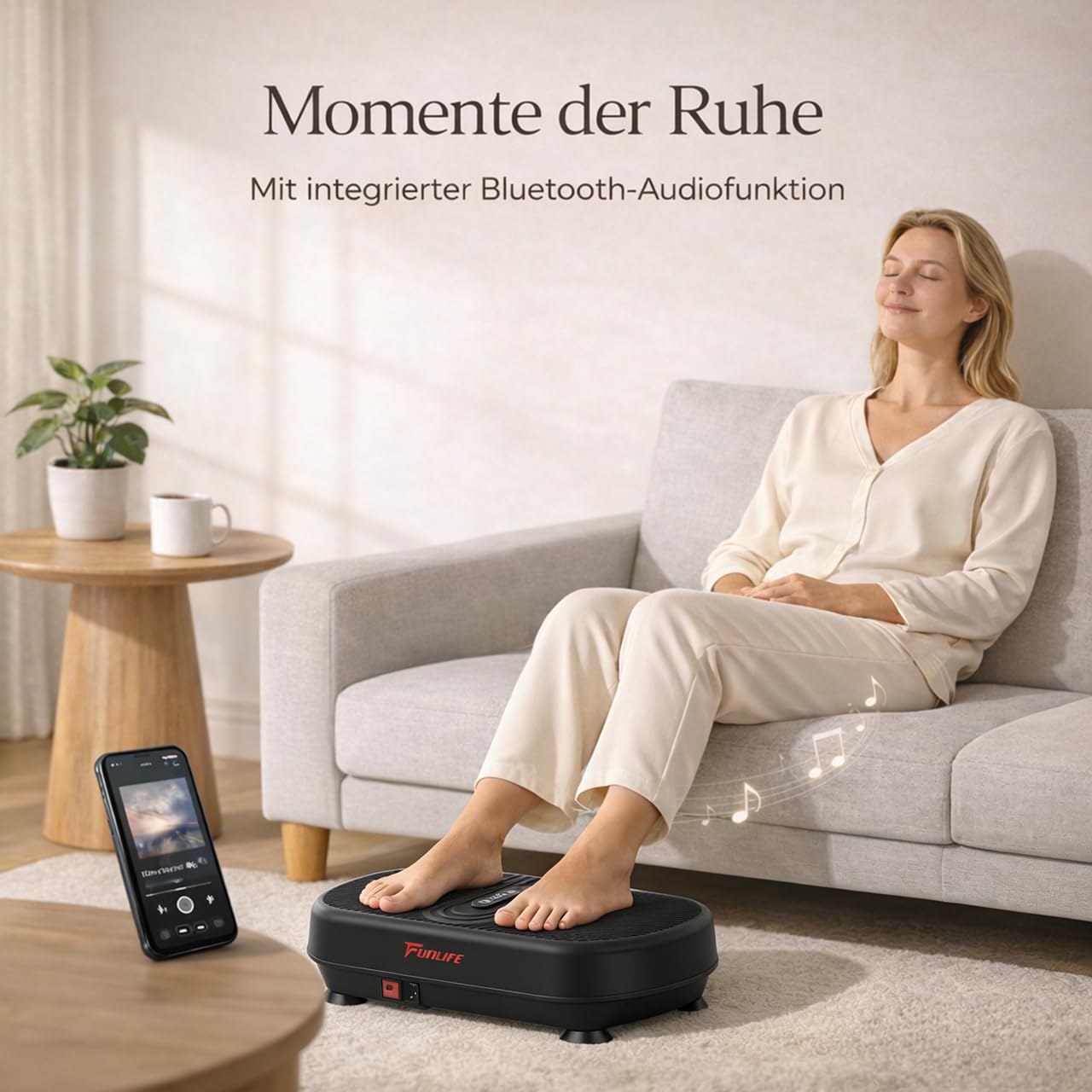 Funlife Vibrationsplatte 120kg- 180 Stufen,5 Programme &Manuell– Bluetooth&Lautsprecher – Fitnessplatte mit Trainingsseilen für Ganzkörpertraining