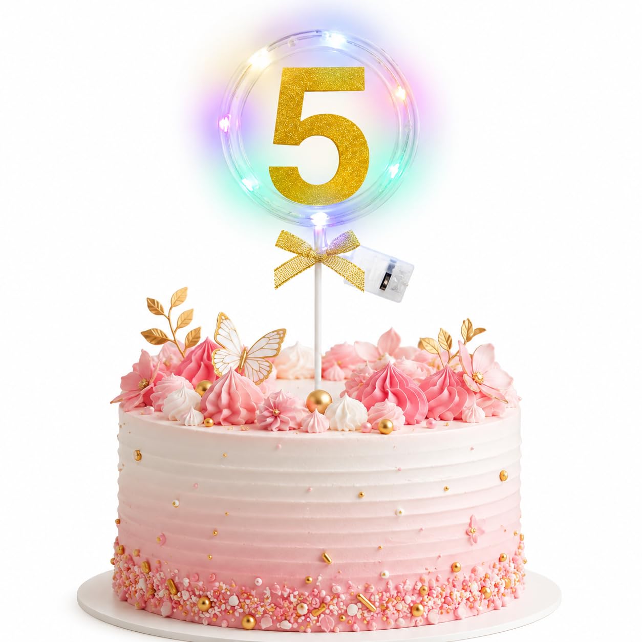 Wanna Party Number 5 LED Cake Topper, Transparent Round Design with Gold Glitter Number, Built-In Light String & Bow, 5th Birthday Cake Decoration Pick for Kids & Dessert Table – 1PC-image-0
