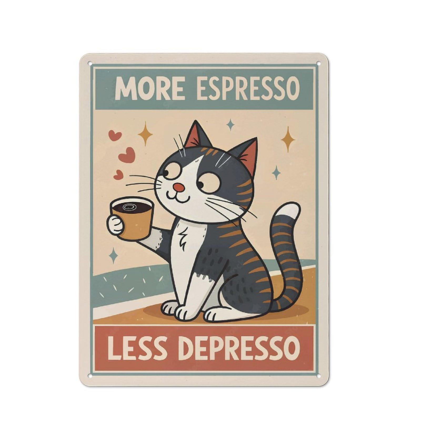 Junmoney Style-22 More Espresso Less Depresso Cat Poster Workshop Style Metal Wall Decor 40X30cm, Decorative Metal Plaque For Garage, Workshop, Shed Or Utility Room