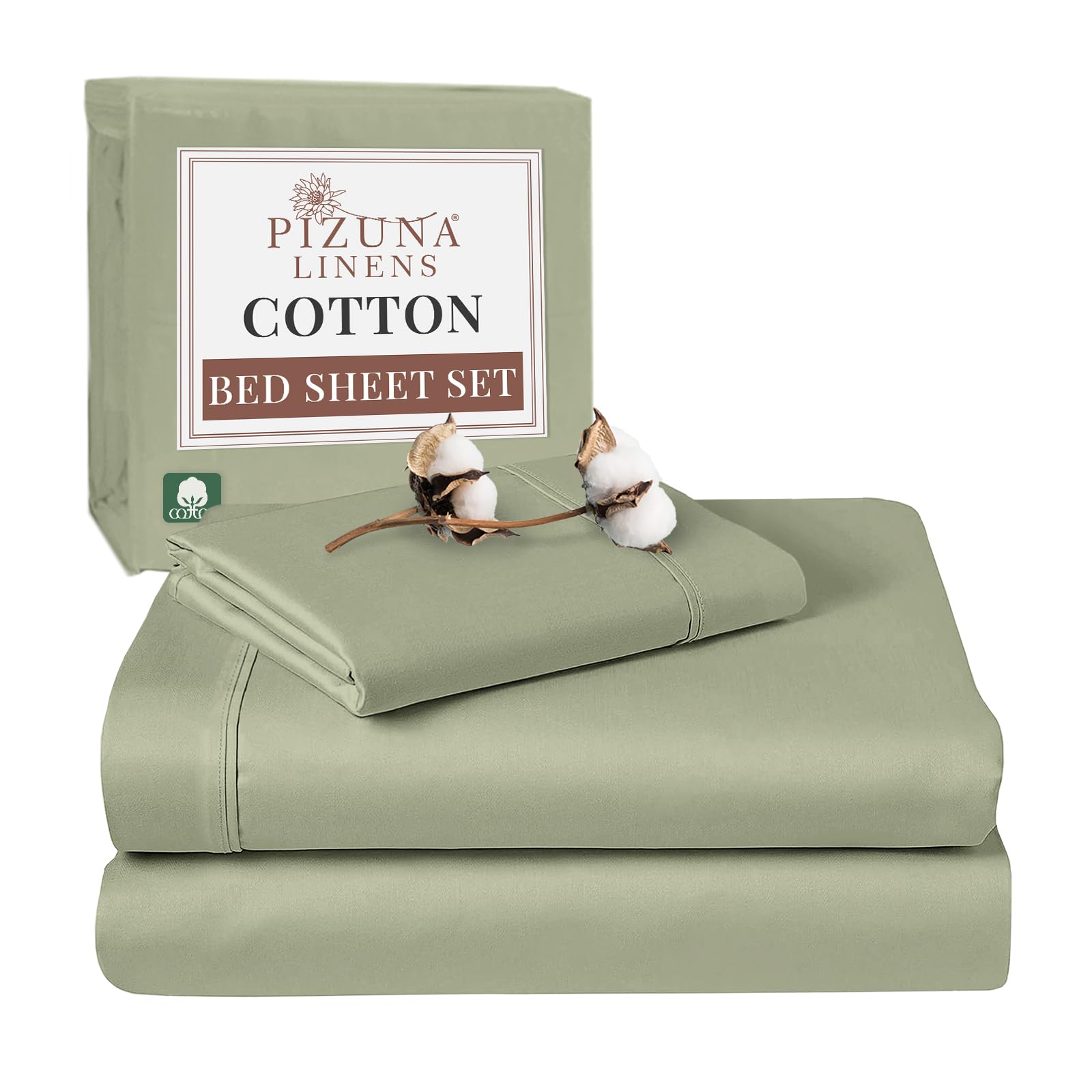 Pizuna 100% Cotton Single Bed Sheet Set Light Sage, 400 Thead Count Long Staple Cotton Bedding Set 180x280 cm, Soft Sateen 3 PC Single Bed Sheet Set - Fitted Sheet, Flat Sheet & 1 Pillowcase