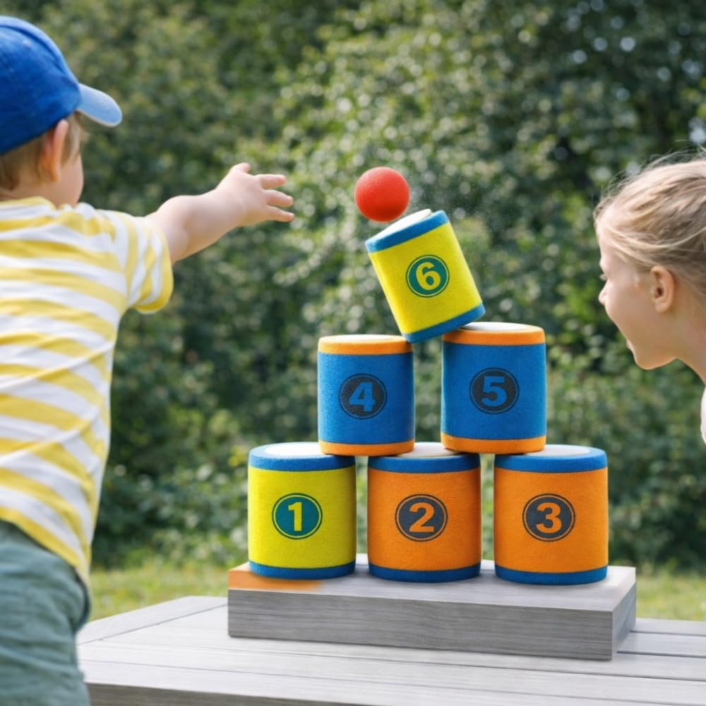SHOP-STORY Jeu de Chamboule Tout en Mousse, Jeu d'Adresse avec Balles et Cibles Souples, pour Enfants Dès 6 Ans, Intérieur et Extérieur
