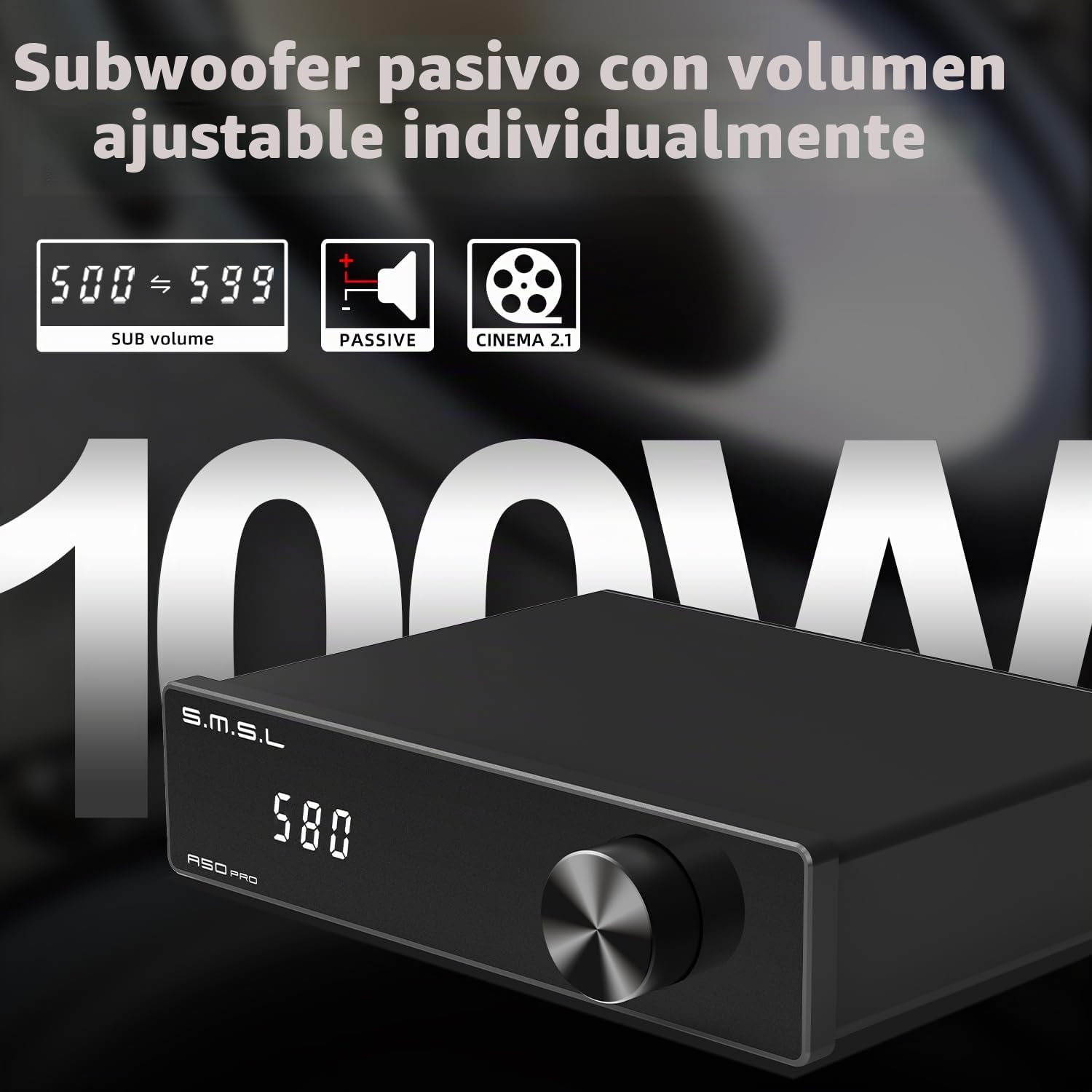 S.M.S.L Amplificador A50Pro, LPF y HPF, amplificador de audio de 2.1 canales, potencia de salida de graves de 100 W, amplificador de audio estéreo Bluetooth 5.0 de alta fidelidad, soporta HDMI (ARC