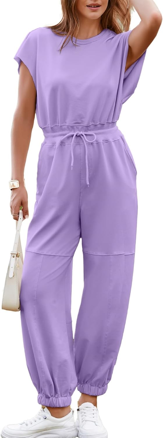 (Light Green XL) Simplee Women's Short Sleeve Casual Jumpsuit Loose Fit Open Back Summer Onesie Atheletic Jumpsuit with Pockets