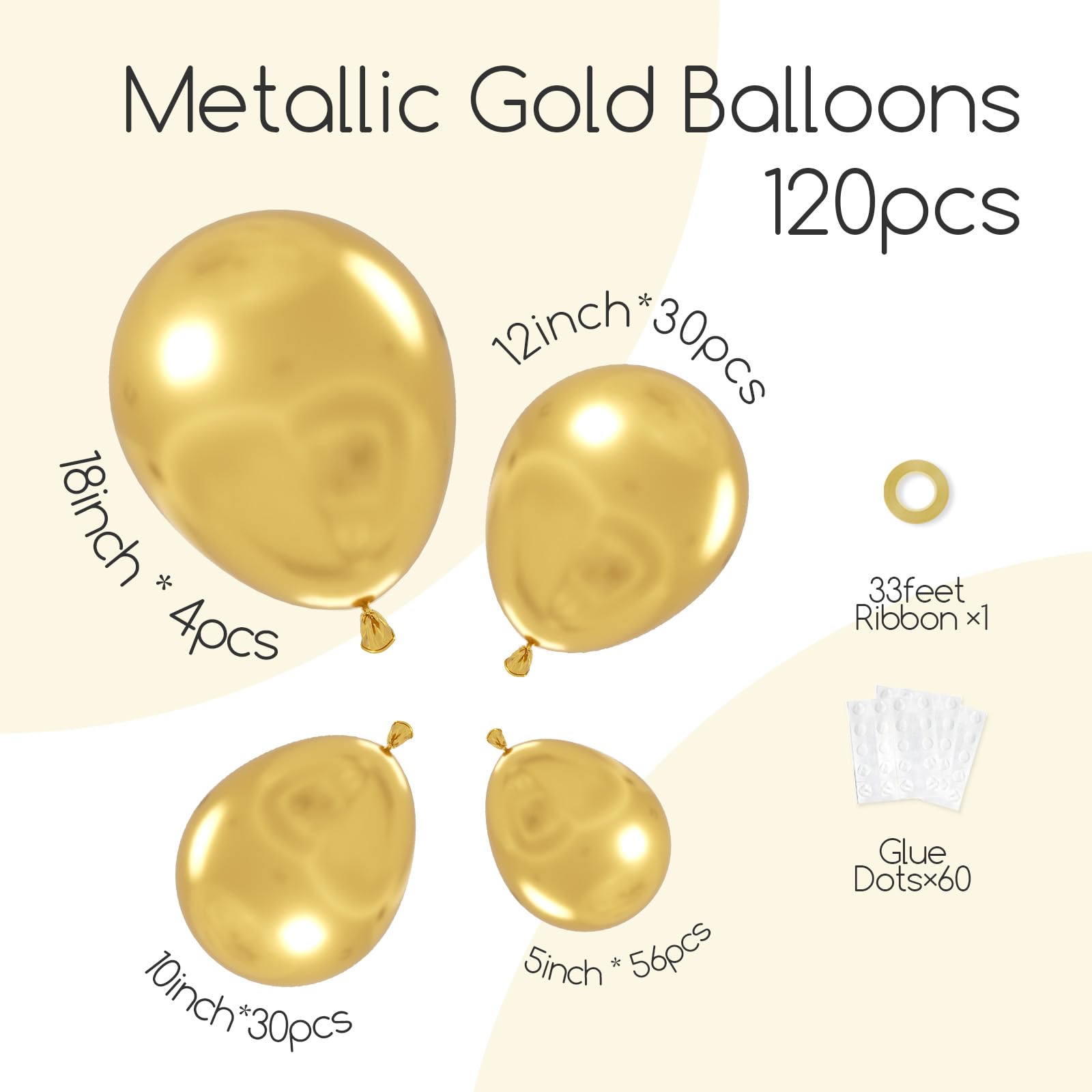 120pcs Metallic Gold Balloon Arch Kit, 18 12 10 5 inch Chrome Gold Latex Balloons Different Sizes Metallic Gold Balloon Garland for Graduation Engagement Wedding Birthday Party Decorations