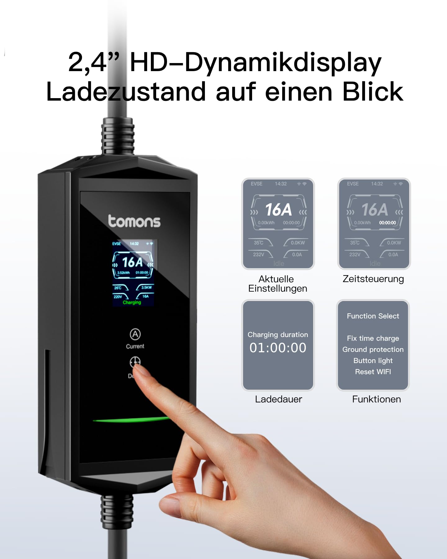 tomons Elektryczna ładowarka samochodowa APP 11 kW, 7 m 6-16A, typ 2 trójfazowa CEE z uchwytem ściennym, LCD 2,4", opóźnione ładowanie, kompatybilna z Tesla Model 3/Y, Volkswagen ID. & VE IEC 62196-2