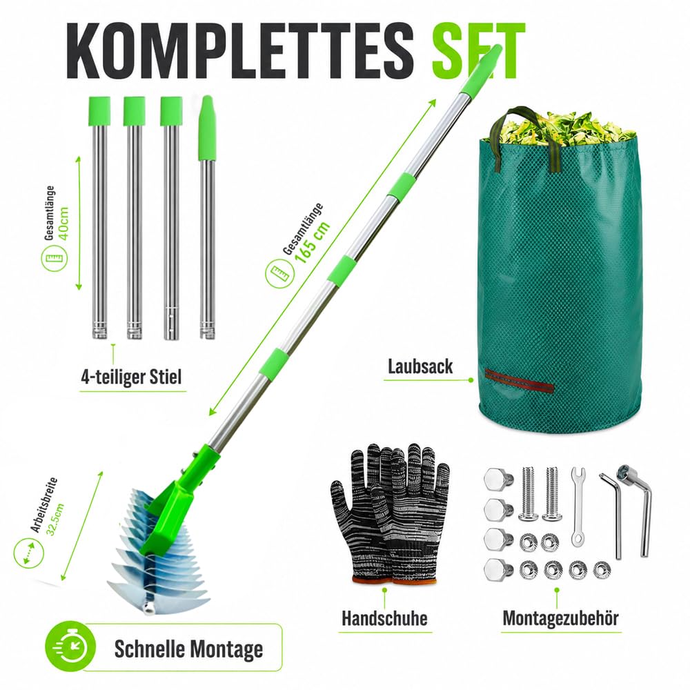 Rastrillo Escarificador para Césped con 163 cm Mango Telescópico,con Bolsa para residuos de jardín,Rastrillo Dethatcher Heavy Duty para Eliminar Hierba Muerta,Aflojar el Suelo (Verde, 163cm)