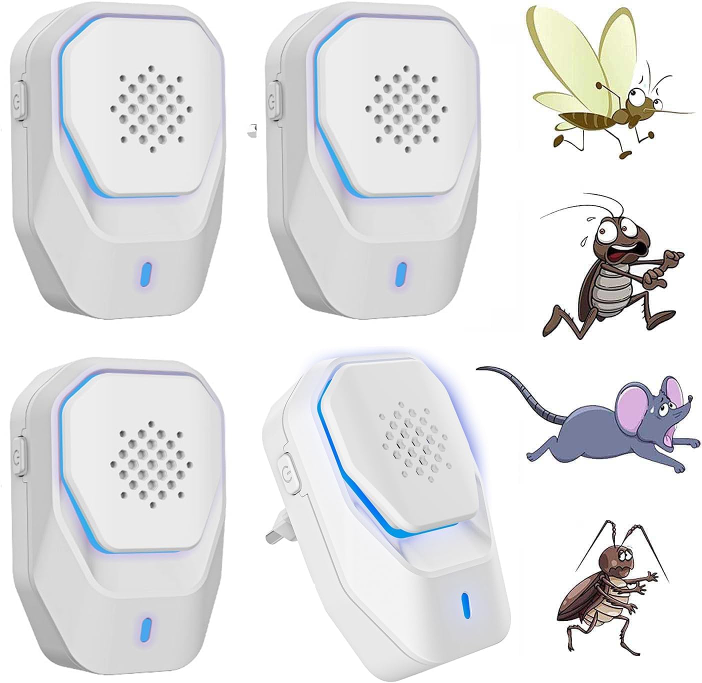 Répulsifs à Ultrasons, Ultrason Souris et Rats, Anti Mouche, Prise Anti Moustique, Electrique Appareil Répulsif Interieur - Fourmis, Souris, Rats, Araignées, Cafards, 100% Inoffensif - 4 Paquets
