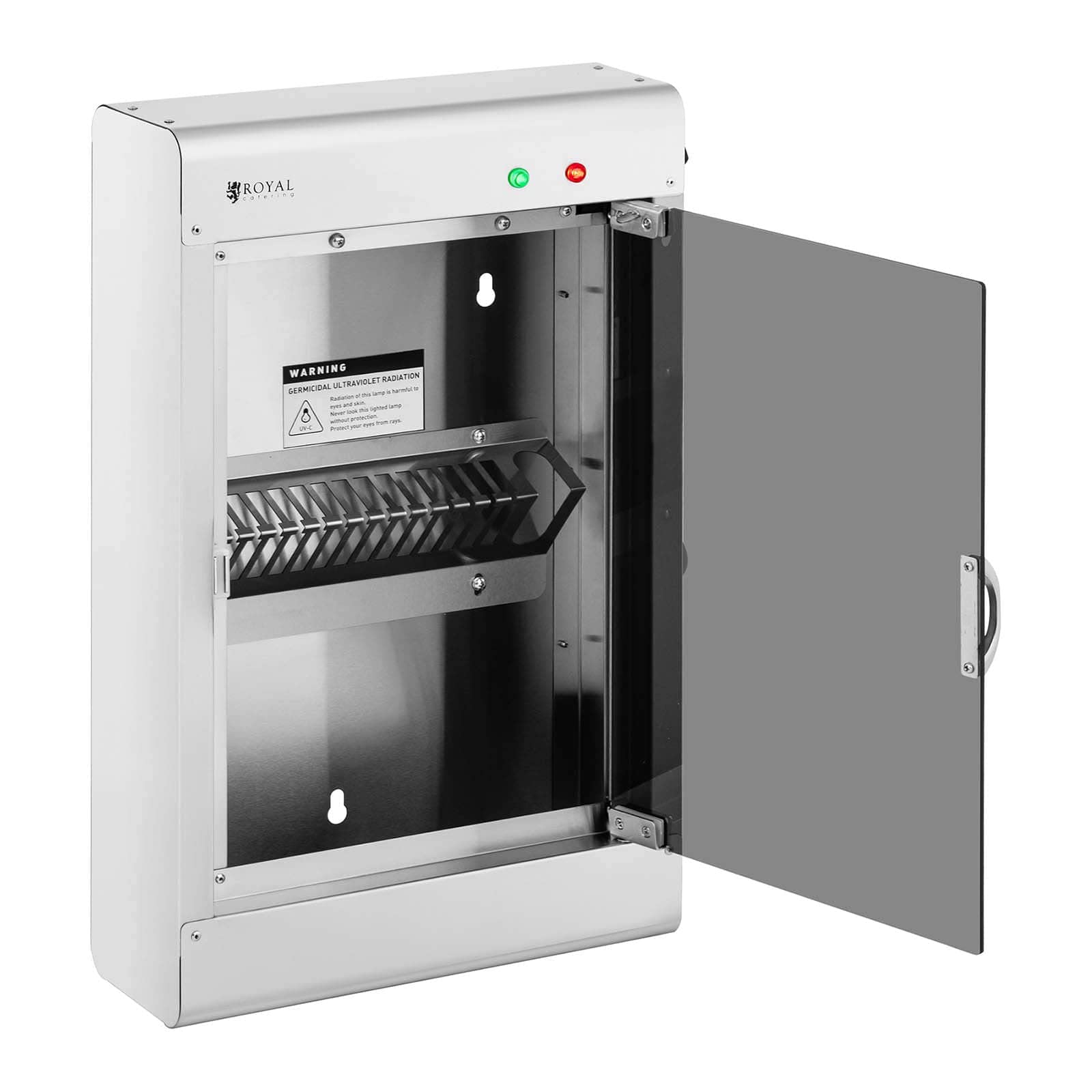 Royal Catering Stérilisateur UV Pour Couteaux Armoire De stérilisation Ultraviolet Lumière Ultraviolette RC-KSSS201 (Pour 14 Couteaux, 8 W, Boitier en Inox, Porte en Verre Acrylique, Minuterie 60 min)