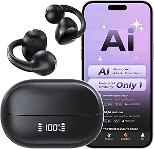 Open Ear Earbuds, Bluetooth 5.4 AI Music Generator Bone Conduction Clip On Headphones with 4 Mics Clear Calls, Ultra-Light 5.7g Comfort, 30H Hi-Fi Stereo Playtime, IPX6 Fit Sports, Black asin的图片