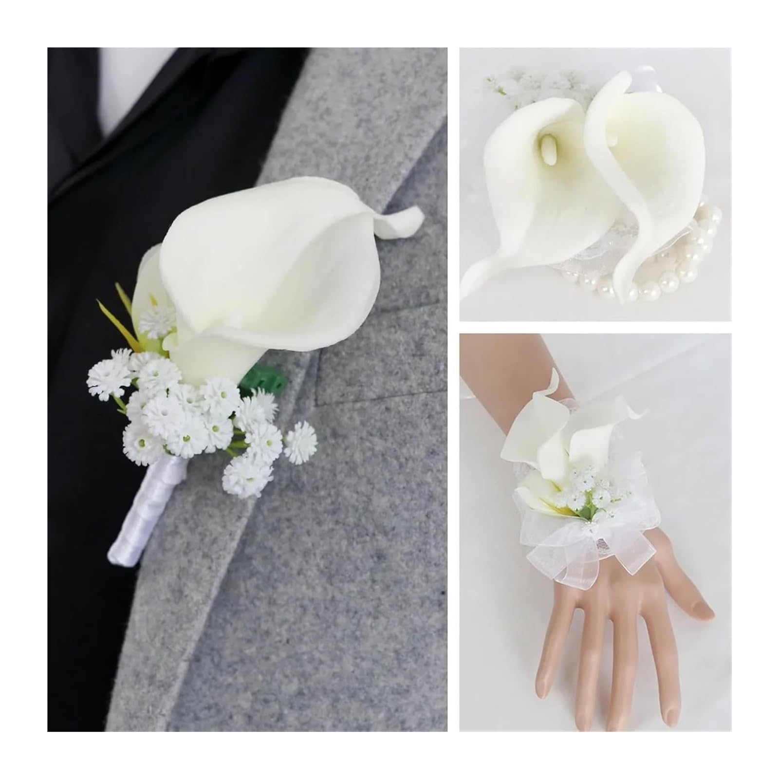 Bransoletka z bukietem róż, Ślubny stanik na nadgarstku sztuczny kwiat kalii z opaską nadgarstek szpilką białą(6 Pcs Wrist Flower)