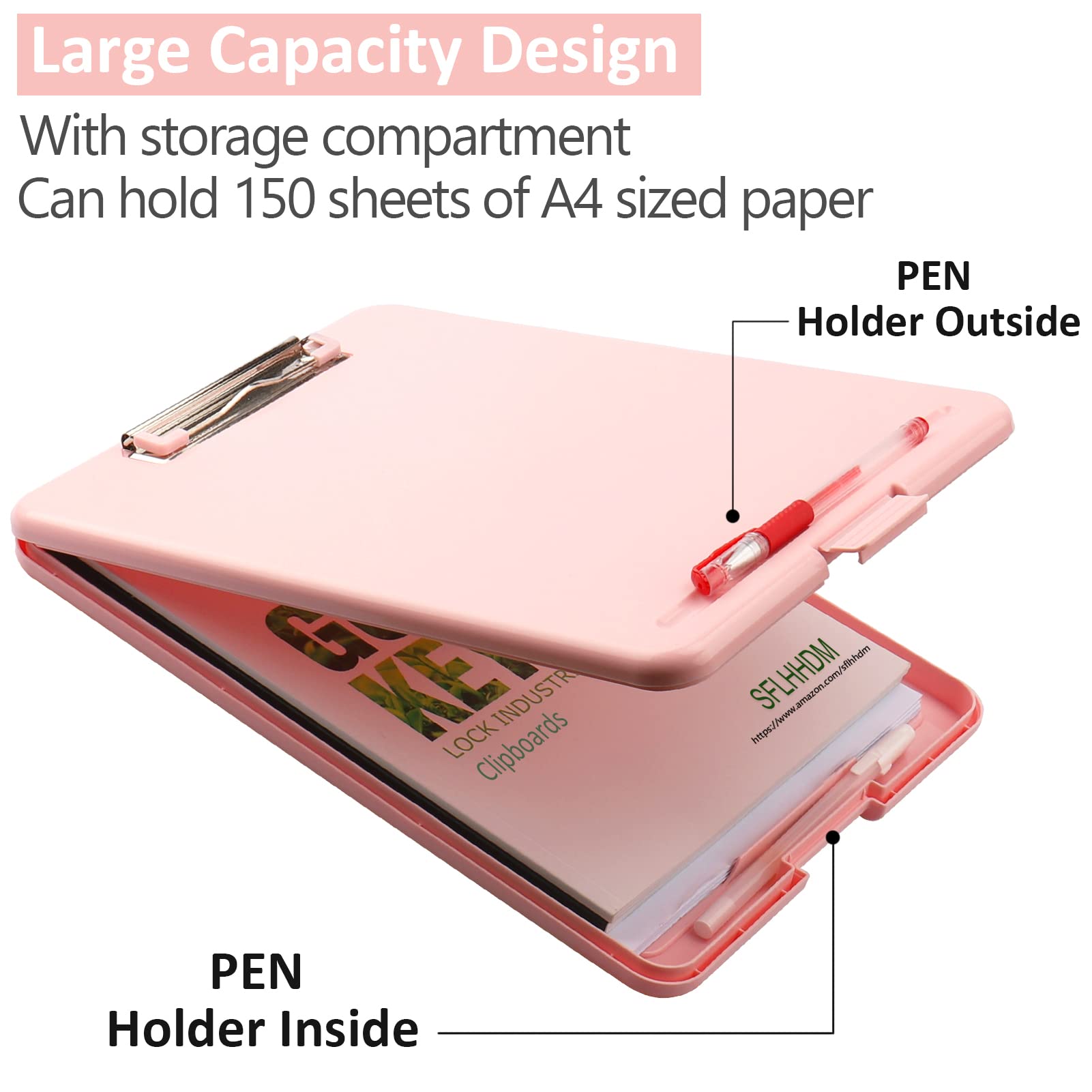 Portapapeles A4, carpeta organizadora con clip, caja de archivos, resistente al agua, con almacenamiento, estuche para documentos con clip, escritura y dibujo (rosa)