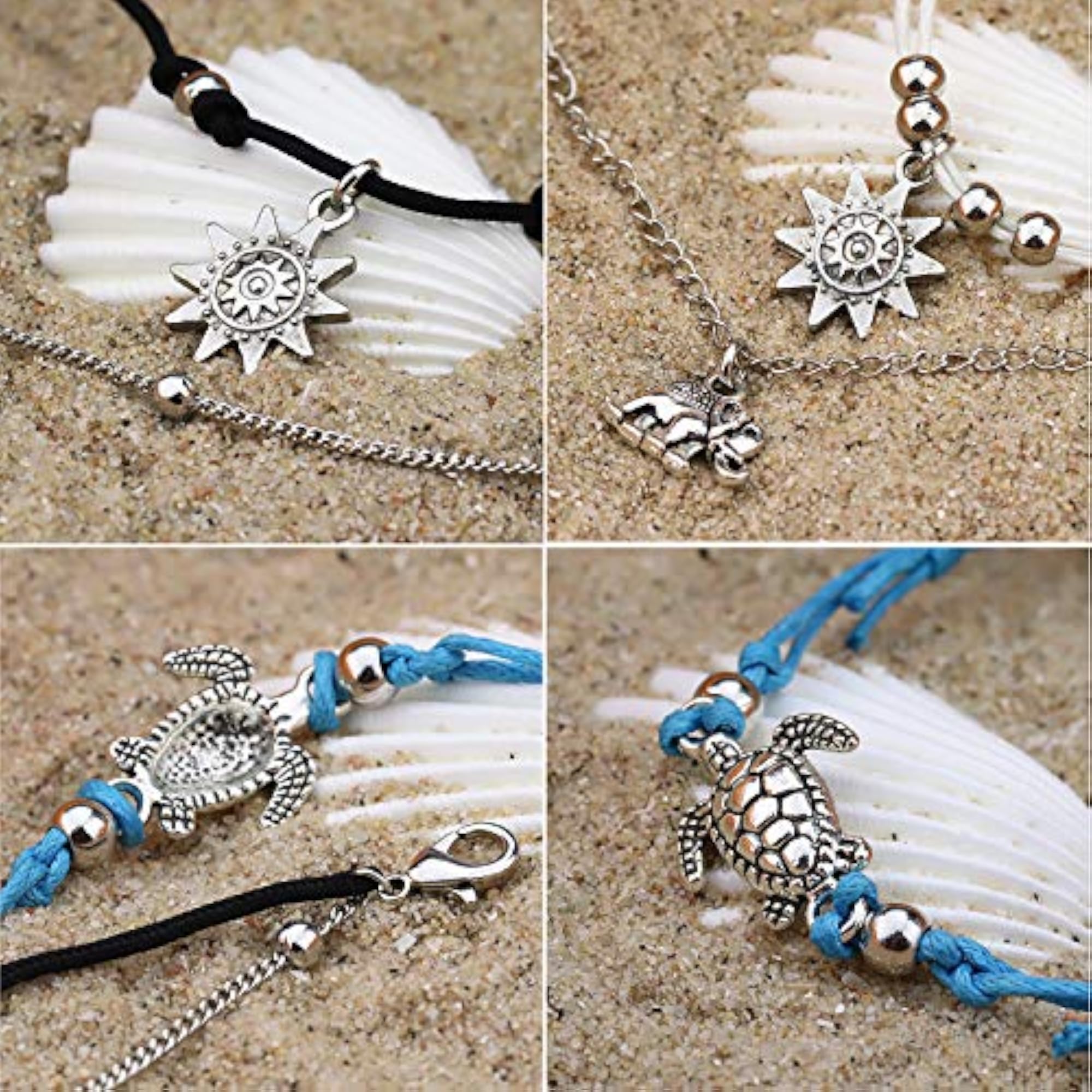 5pc Boho Handmade Turtle Anklet Set, Adjustable Layered Style