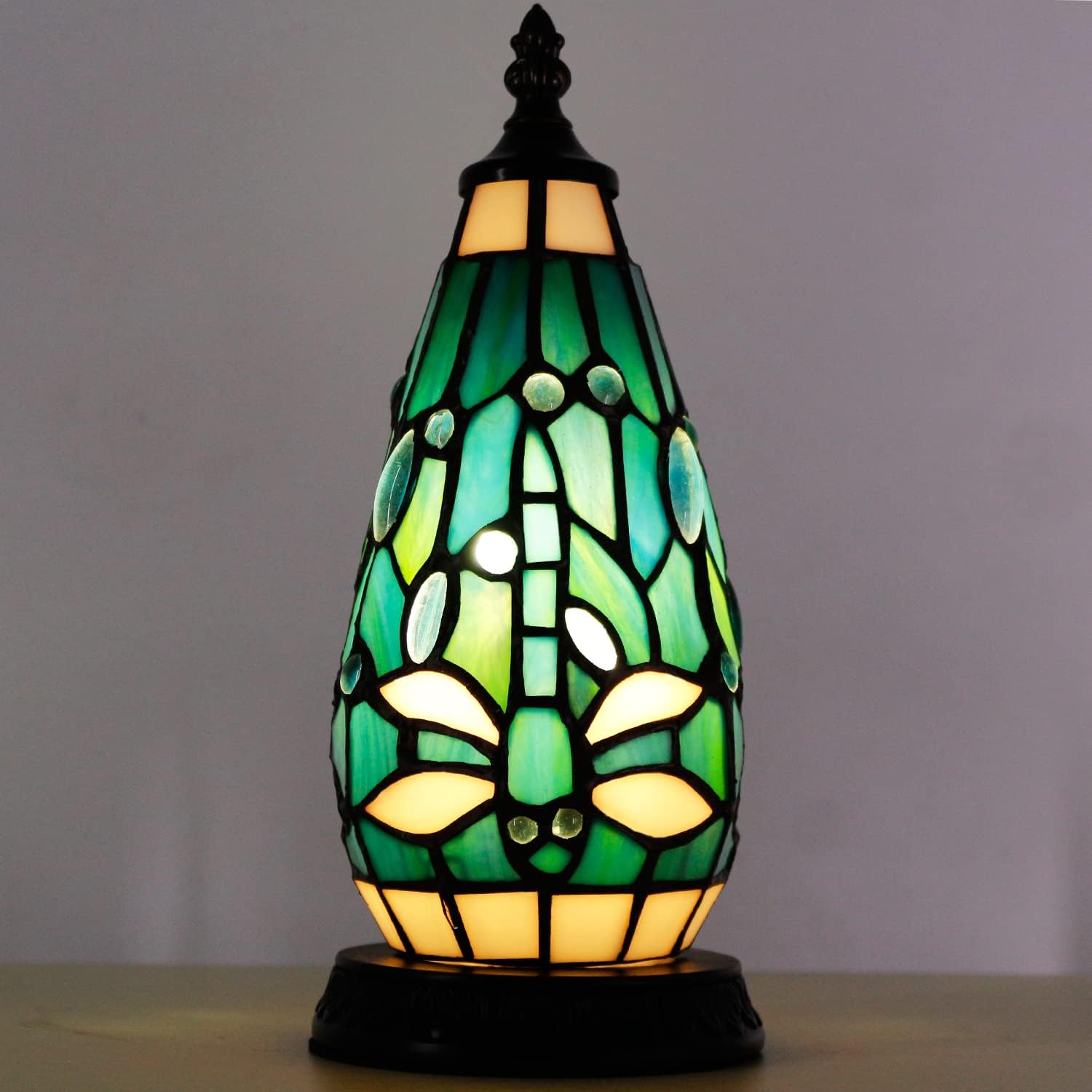 Small Tiffany Lamp Stained Glass Table Lamp 4.5X4.5X11 Inch Christmas Tree Lighthouse Mini Accent Memory Sympathy Antique Night Light for Bedroom Living Room (Sea Blue Dragonfly)