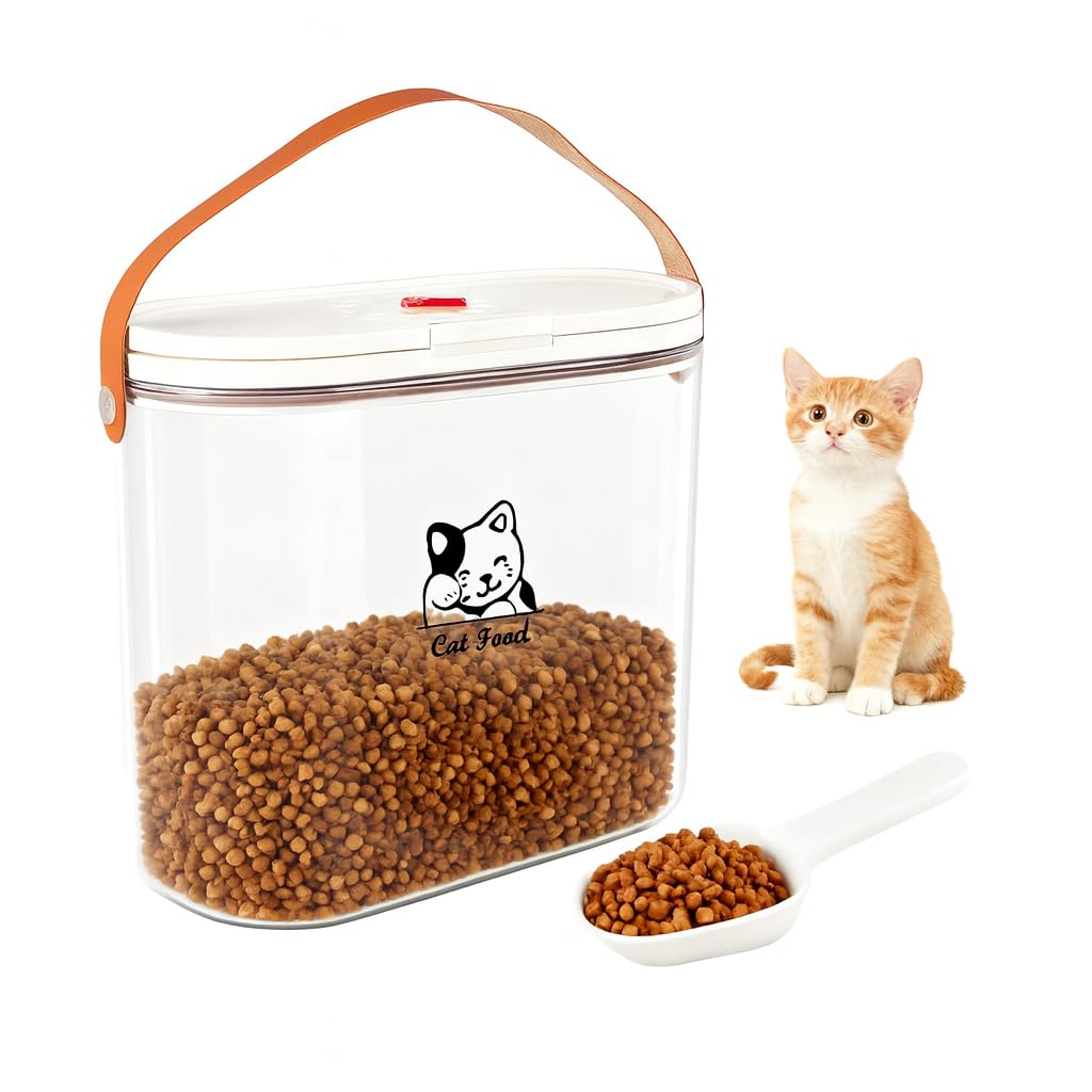Contenitore per cibo per gatti da 7 lbs con manico e cucchiaio dosatore – Contenitore per cibo per cani in plastica trasparente – Senza BPA – Contenitore per cibo esterno per snack e cibo secco