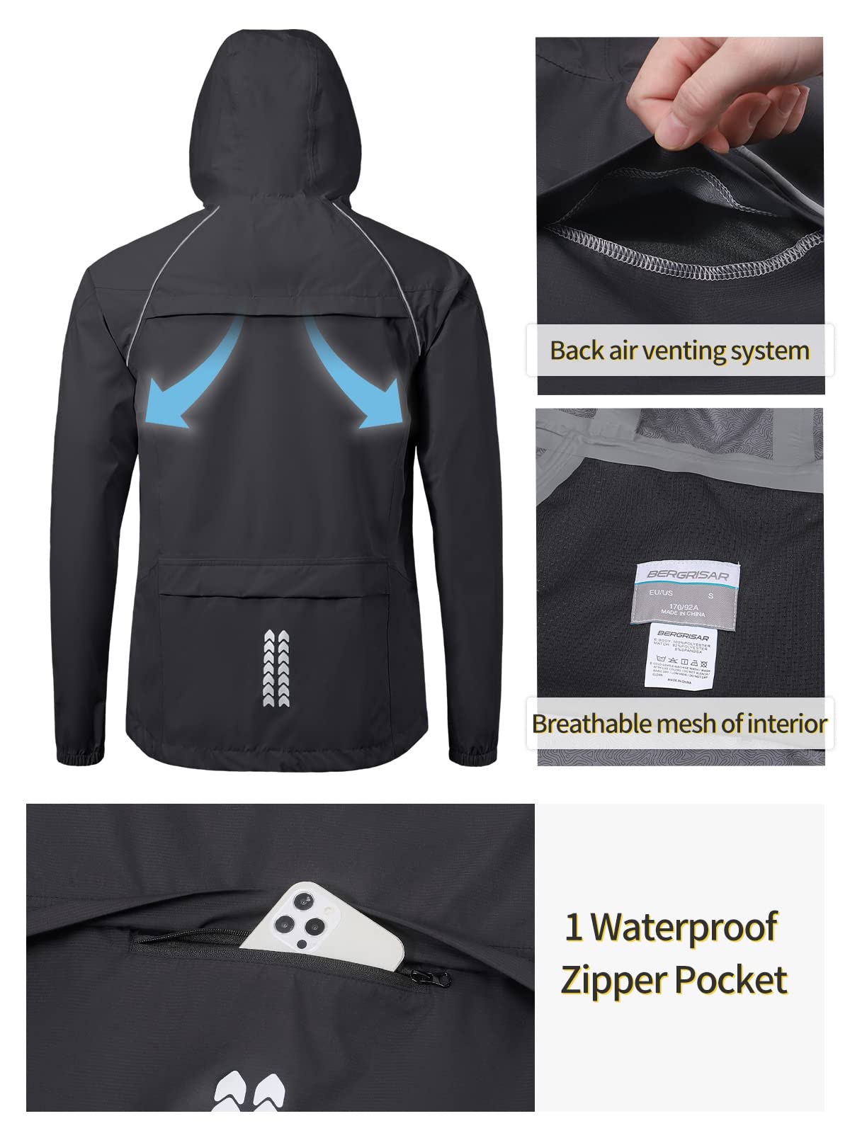BERGRISAR Cortavientos Chaqueta de Ciclismo Running para Hombre con Capucha Impermeable Transpirable Ligero