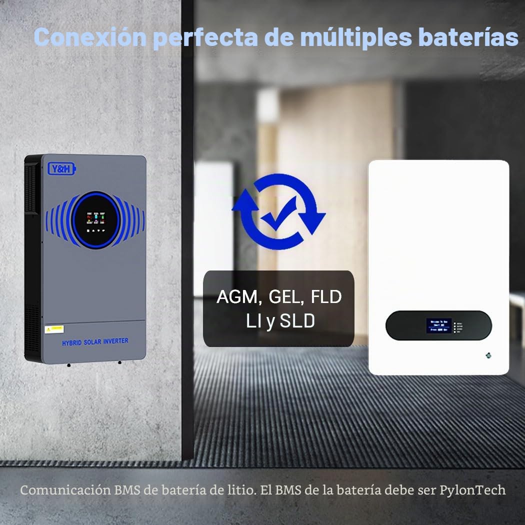Y&H Inversor solar híbrido de 6200 W, CC 48 V a CA 230 V, onda sinusoidal pura, arranque sin batería, con cargador solar MPPT de 120 A, para 48 V LiFePO/ácido de plomo, sistema solar para casa y