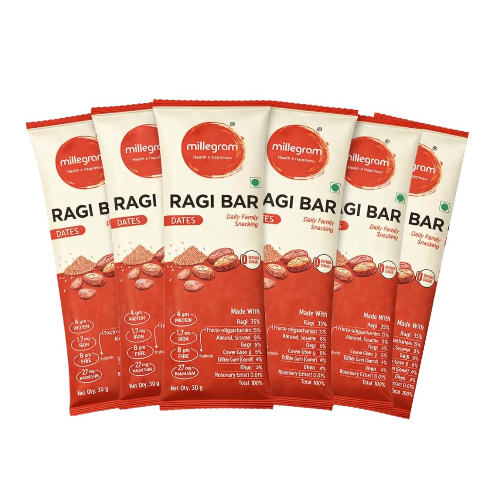 Millegram Ragi Bites Dates Flavour 30g Pack of 6 | High Protein Snack with 4G Protein & 8G Fiber per Bar | Made with Ragi, Peanut Butter, Jaggery, Almond & Cow Ghee | Gluten-Free Bars-image-25