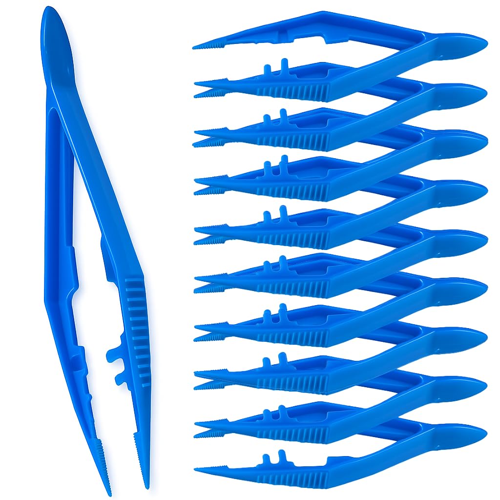 Vakly Plastic Forceps Tweezers Blue Disposable First Aid Pickup Grabbers with Finger Ridges, Serrated Tips and narrow points for Medical, Crafts, Lab and School Science Class (10)