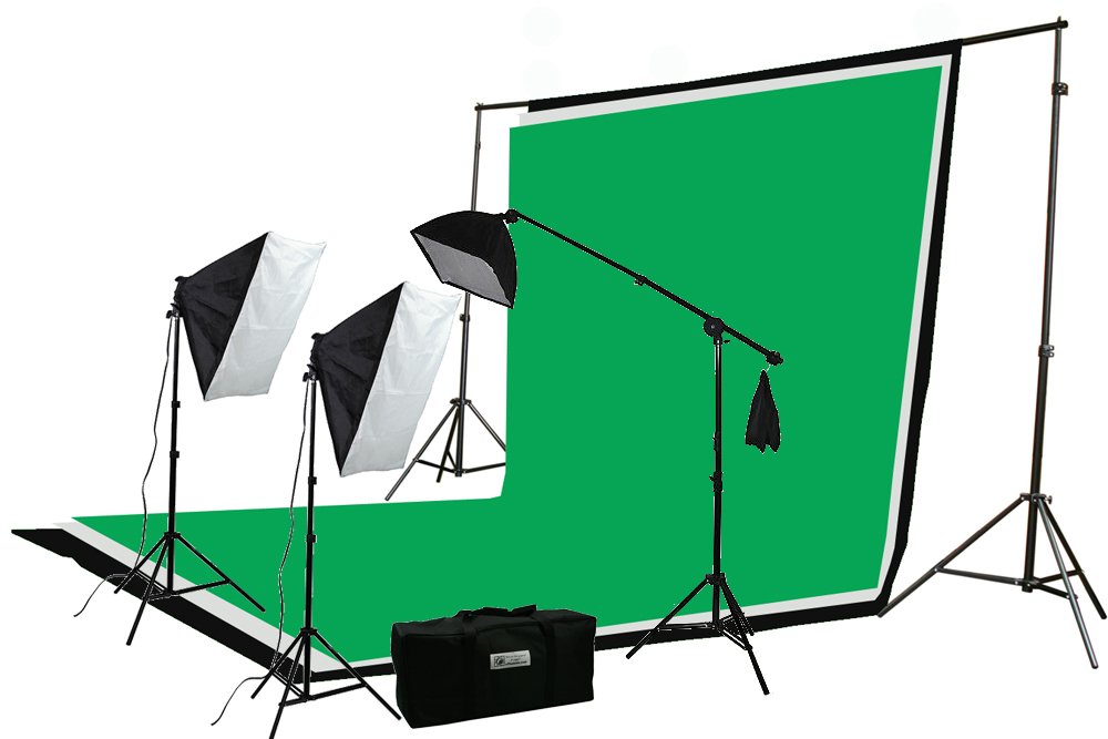 ePhoto Professional Photography Video Chromakey 10x12 Ft Green White Black Muslin Backdrop Support Kit & Softbox Hair light Boom Stand Kit by ePhotoInc H9004SB-1012BWG