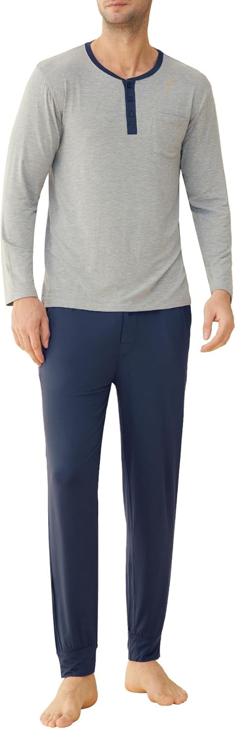 Latuza Men's Viscose Pajamas Set Henley Long Sleeves Top Pants