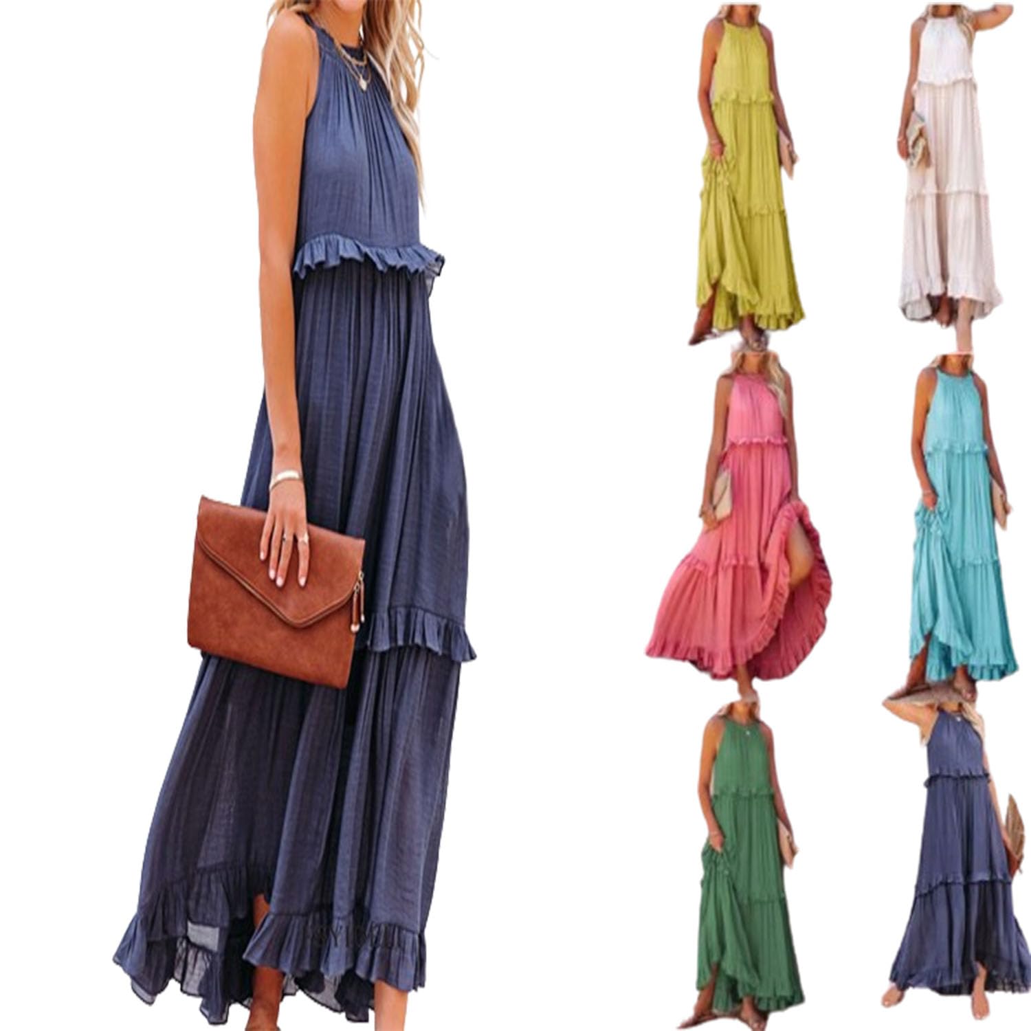 KEKEE Vestido de Verano Casual con Volantes, Vestidos Largos de Verano para Mujer 2024, Vestidos Largos Halter para Mujer
