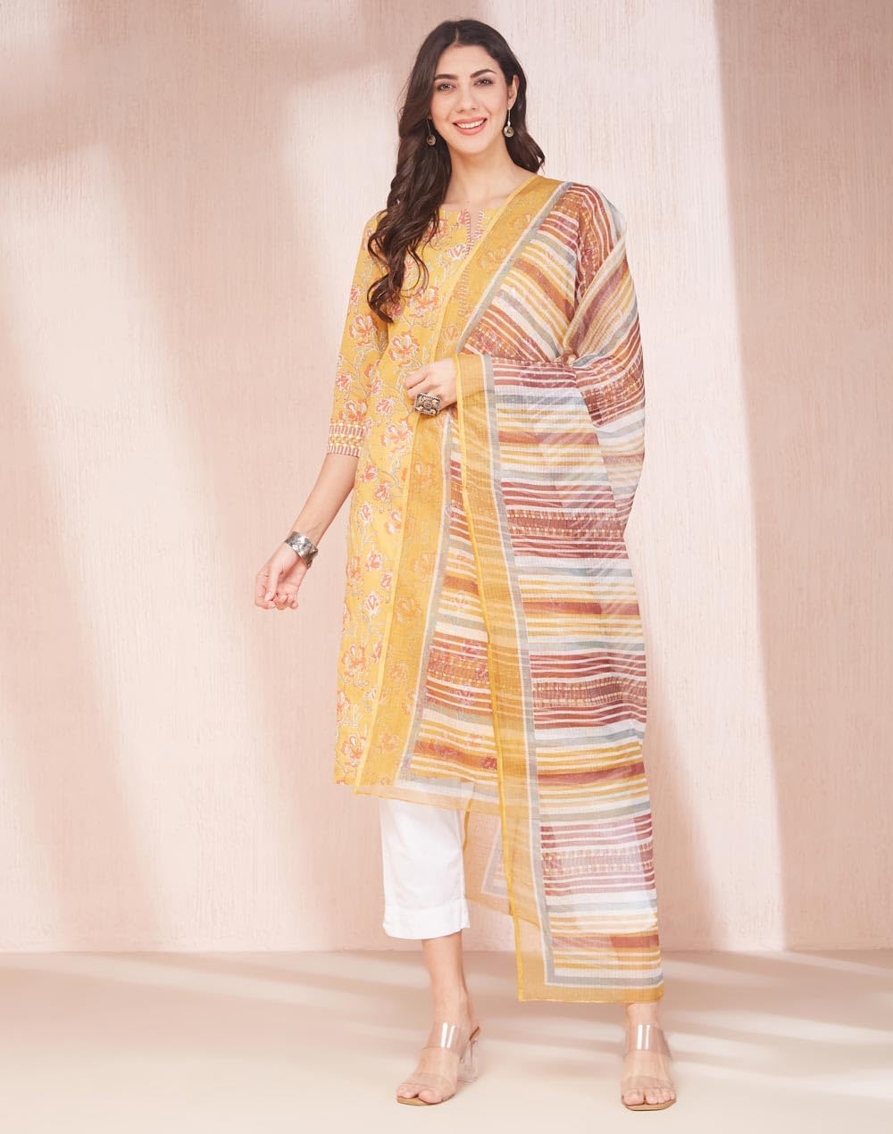 Fabindia Women's Cotton Printed Regular Kurta (1037551Yellow_Yellow