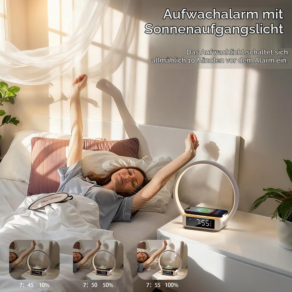 WILIT LED Nachttischlampe mit Kabelloser Ladefunktion, Lichtwecker Tischlampe Touch Dimmbar mit 3 Helligkeitsstufen, Warmes Nachtlicht mit 5W Wireless Charger für Schlafzimmer, Holz&Weiß