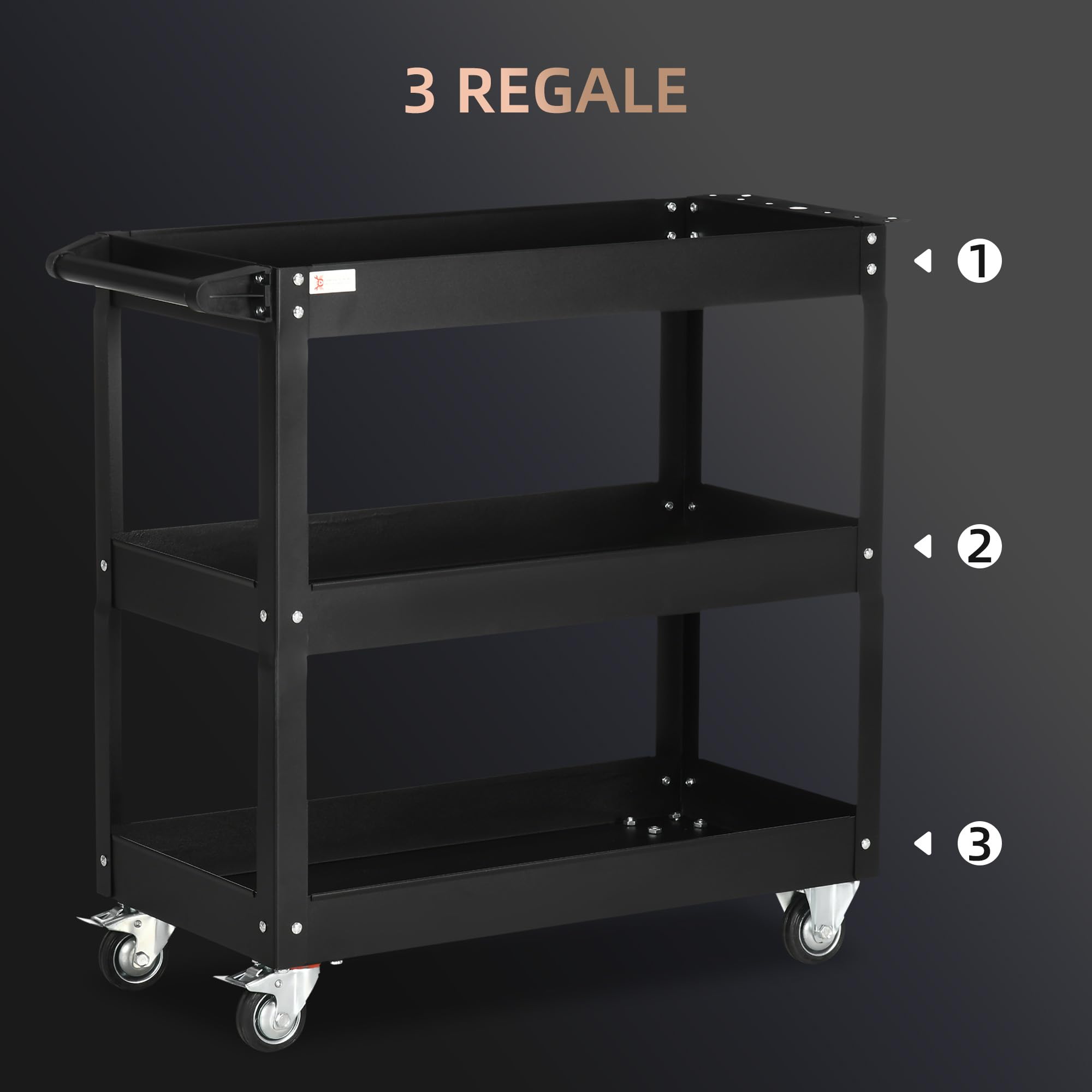 DURHAND Werkstattwagen aus Stahl, 3 Tabletts auf Rollen, mit Griff, belastbar bis 150 kg, 83 x 35,3 x 76 cm, Schwarz