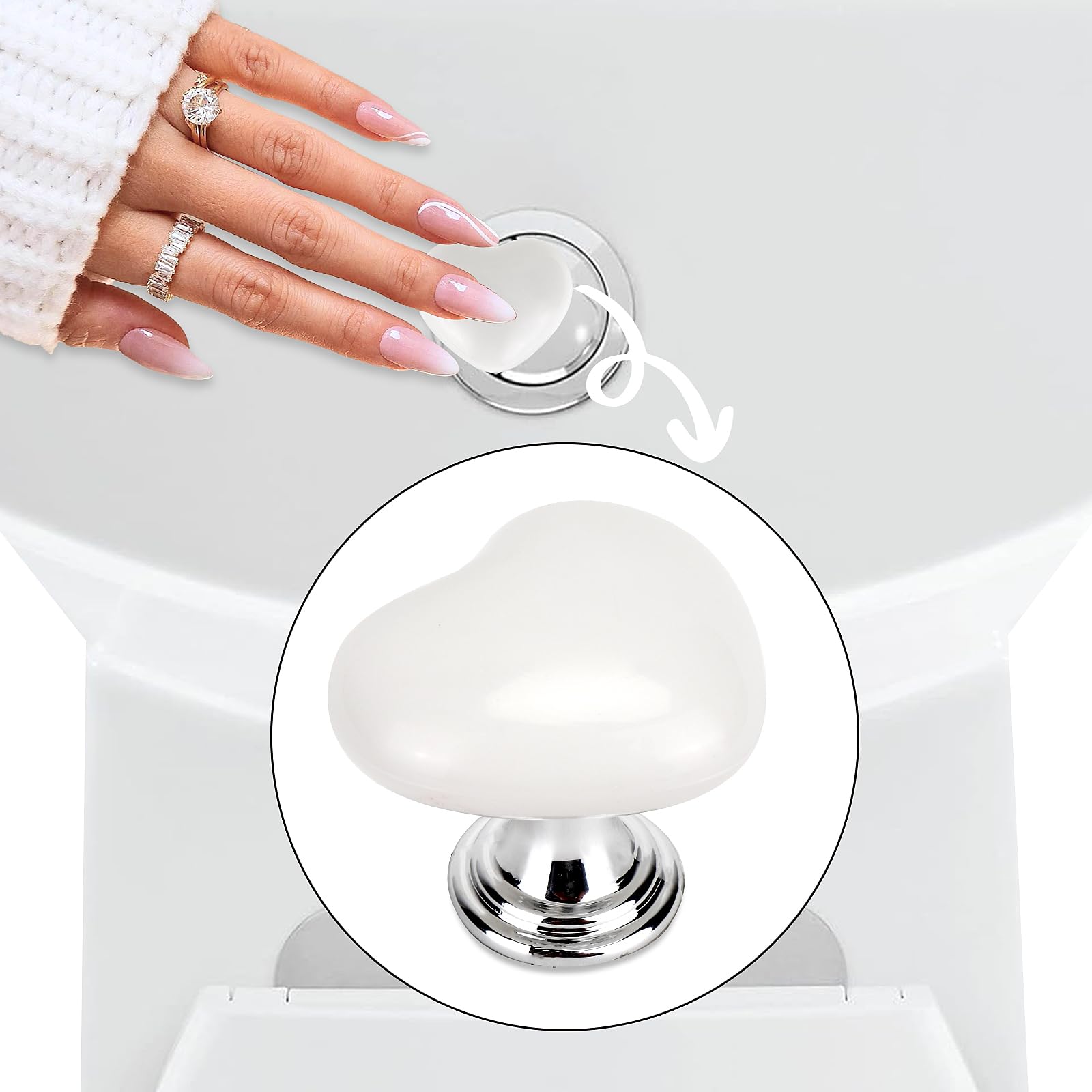 White Heart Shaped Toilet Lid Cover Lifter - Portable Toilet Push Button Flush Replacement Accessory Handle for Women with Long Nails