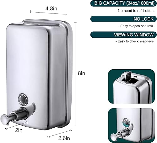 Miniatura 4 de Dispensador de jabón comercial para montaje en pared, bomba de líquido manual de acero inoxidable, a prueba de óxido, libre de fugas para baño (34