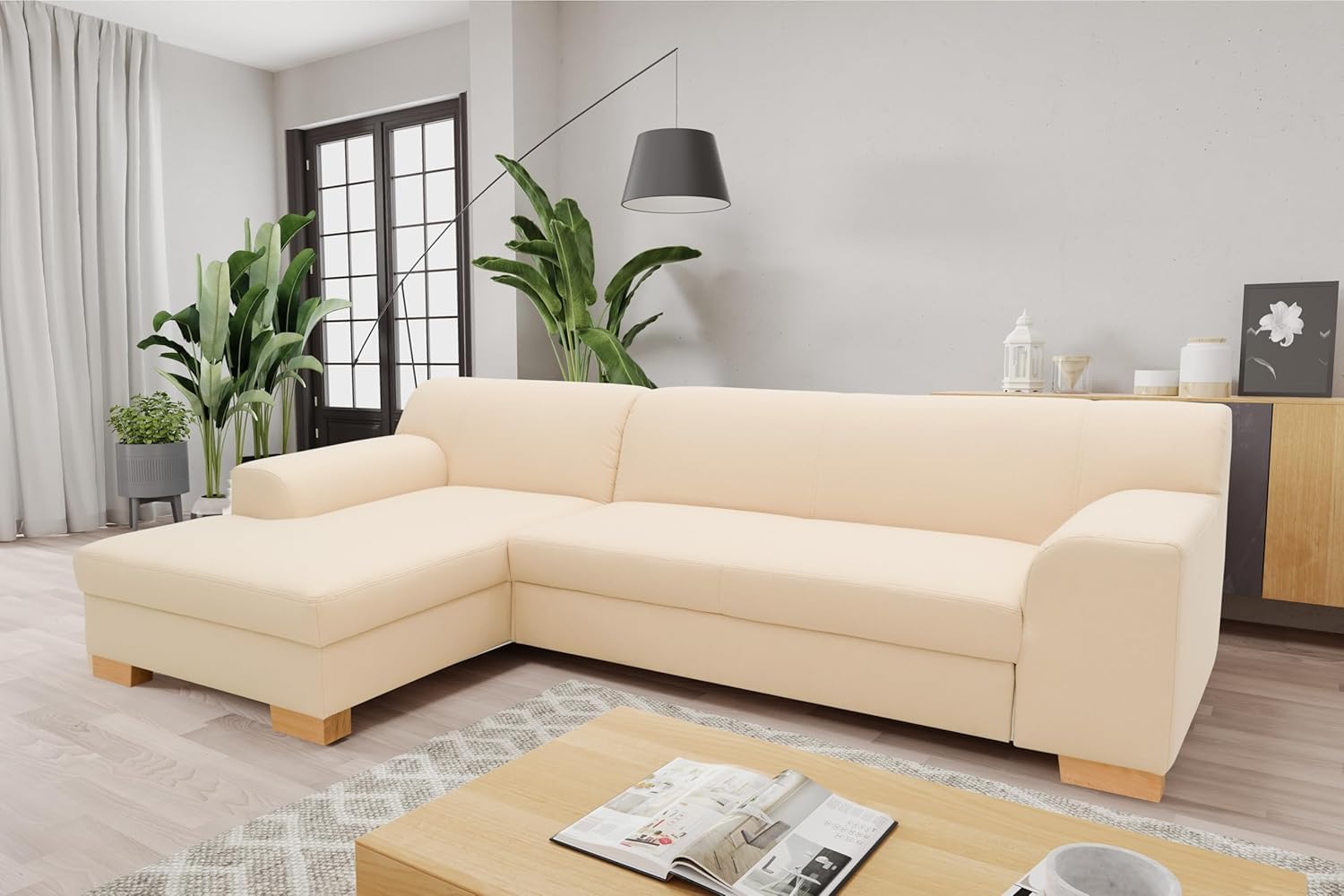 DOMO. collection Tinos Petit canapé-lit d'angle Convertible en Forme de L avec Fonction Convertible, canapé d'angle rembourré, 273 x 157 x 74 cm (l x p x h), Beige