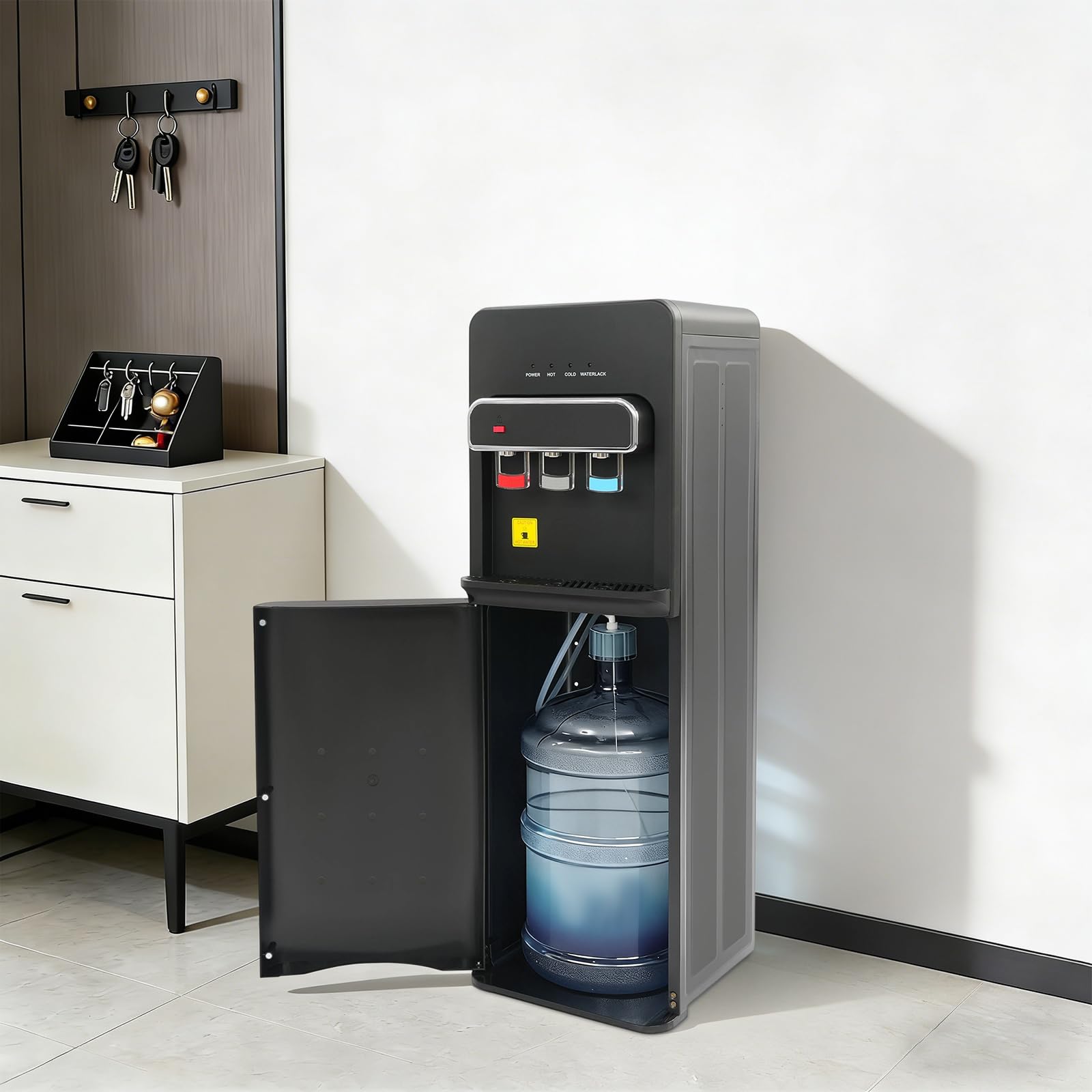 Dozownik wody, urządzenie stojące, 3 temperatury, zimna i ciepła temperatura pokojowa, 5 l, moc gorącej wody 550 W, 75 W, chłodzenie, stojący, z wtyczką EU, czarny, do domu, biura