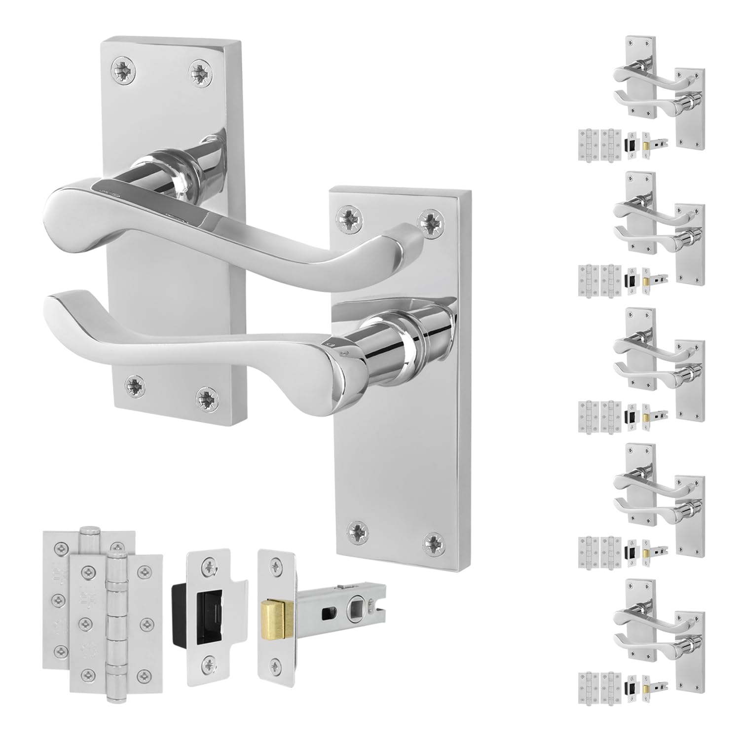 Eai Chrome Victorian Scroll Latch Handle Set, 6 Pairs Polished Internal Lever Latch Handles On Backplate, Latch 64Mm, Hinges