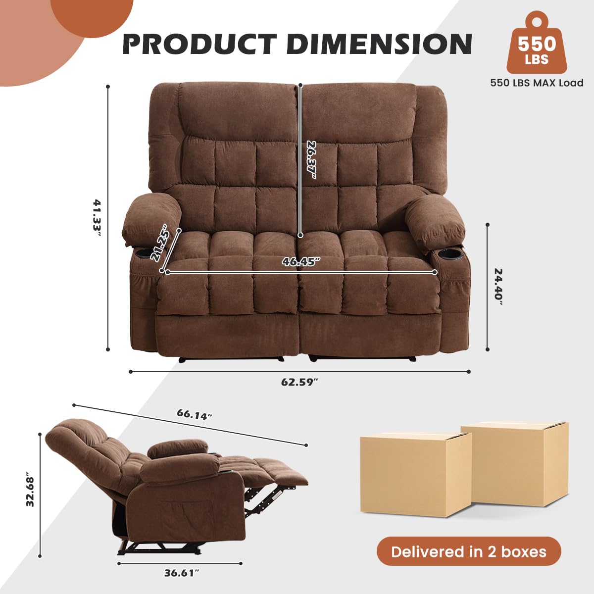 MAHOMICO Recliner Loveseat with Cup Holders for Living Room Love Seat Manual Oversized Recliner with Ergonomic, Side Pocket for Adult view 2