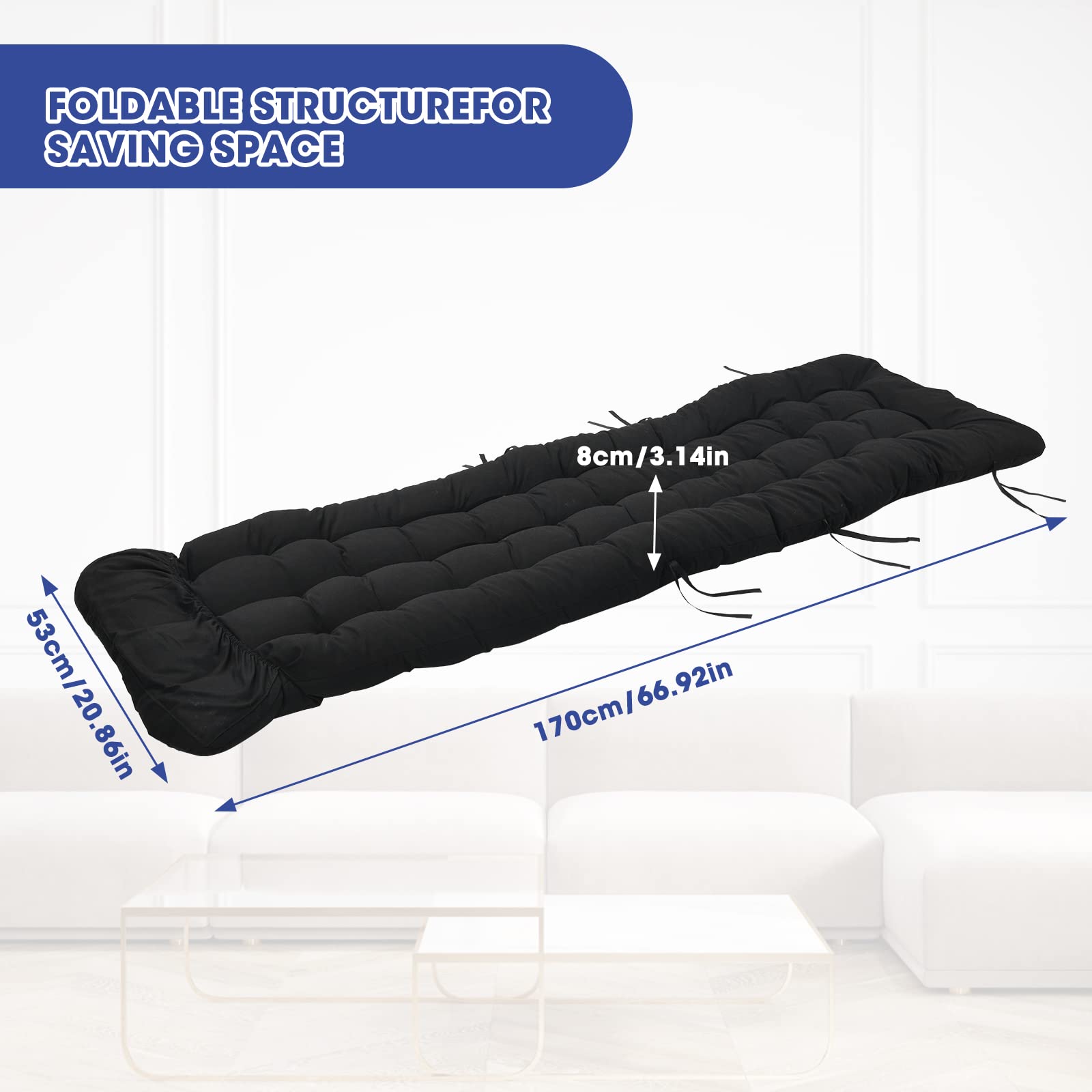 Cojín para tumbona de 170 x 48 x 8 cm, acolchado grueso para tumbona de jardín, cojín suave de repuesto para tumbona, balcón, banco, mecedora, negro/gris (negro)