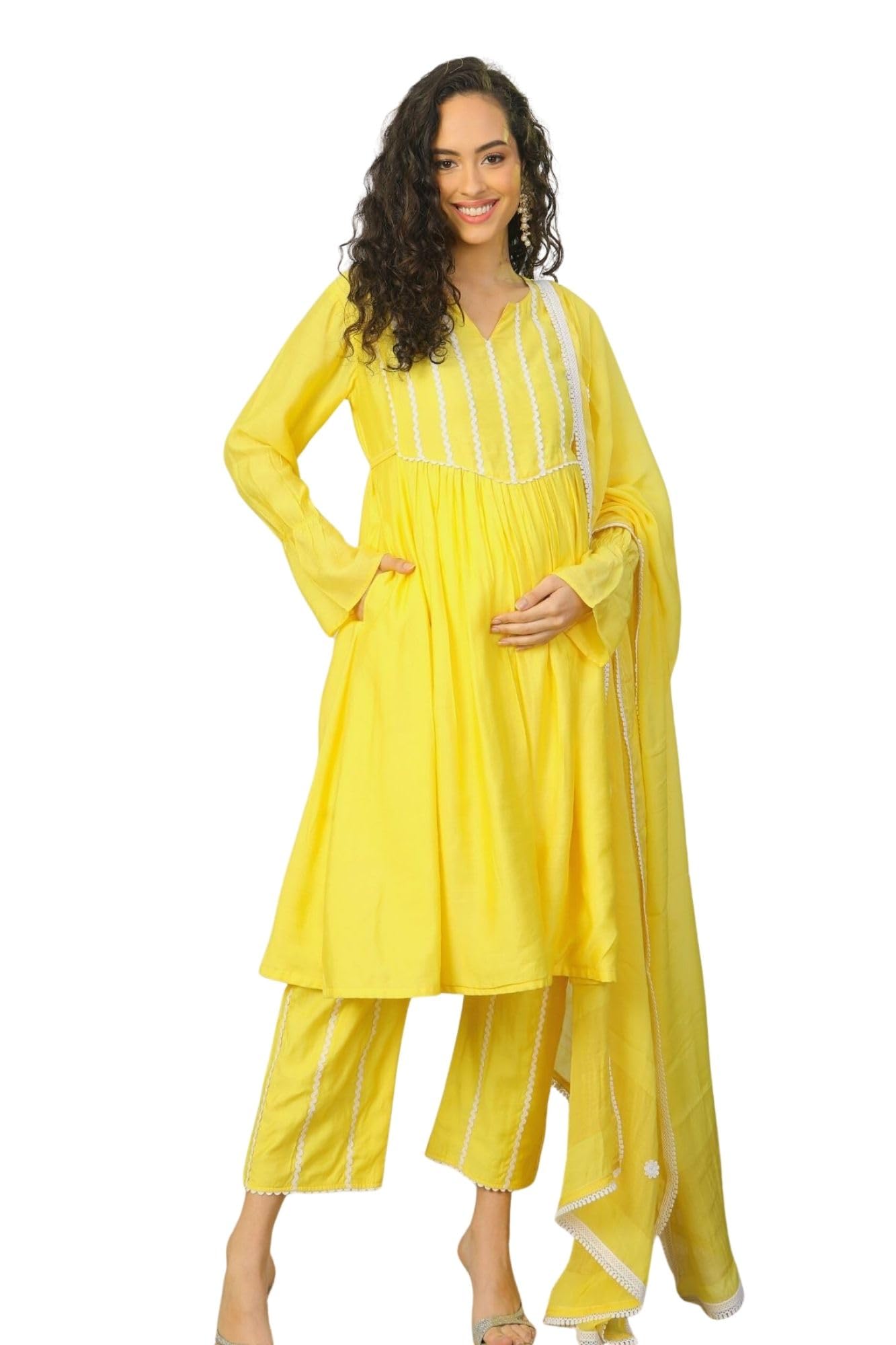 Luxe Canary Yellow Chanderi Gathered Maternity Kurta Set with Bottom & Dupatta, 3 Piece Pregnancy Wear-image-45