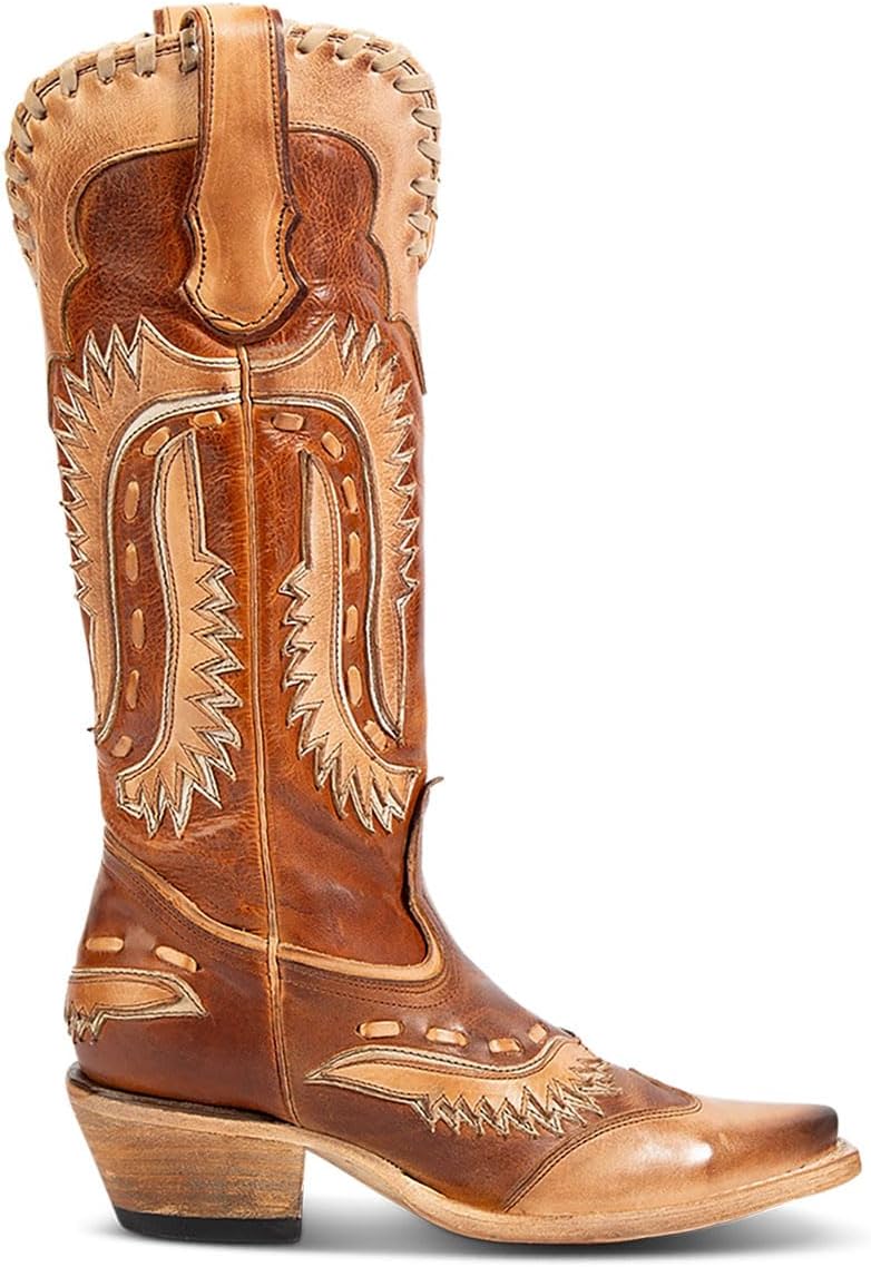 Women's Swallow Floral Embroidered Cowgirl Boots - Chunky Low Heels - Handmade Rivets - Western Cowboy Knee High Boots - Pull On - Blue, Black, Green - Patchwork - Wide Calf